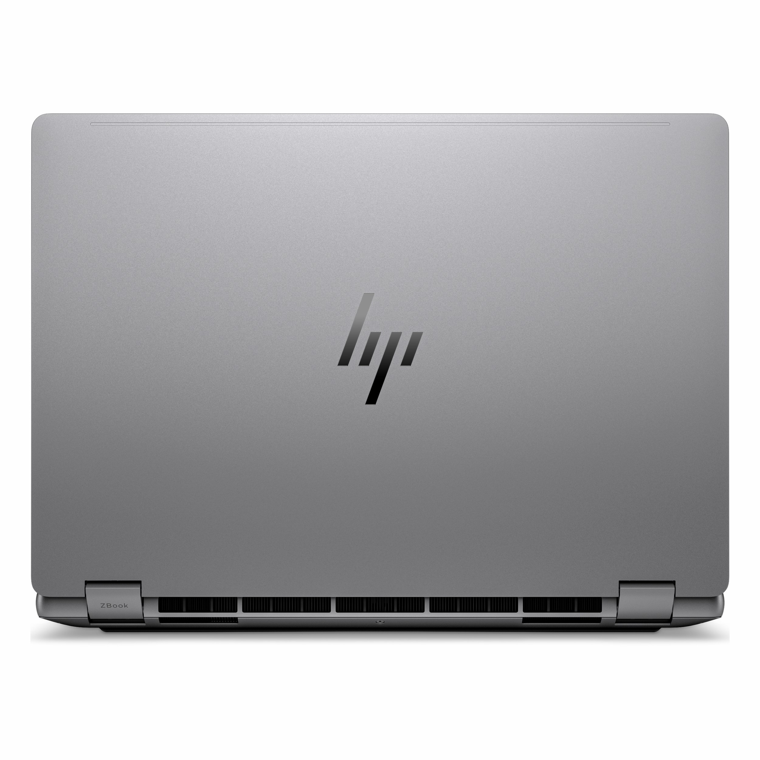 Arkadan görünen kapalı gri HP ZBook dizüstü bilgisayar, HP logosu ve menteşeler.