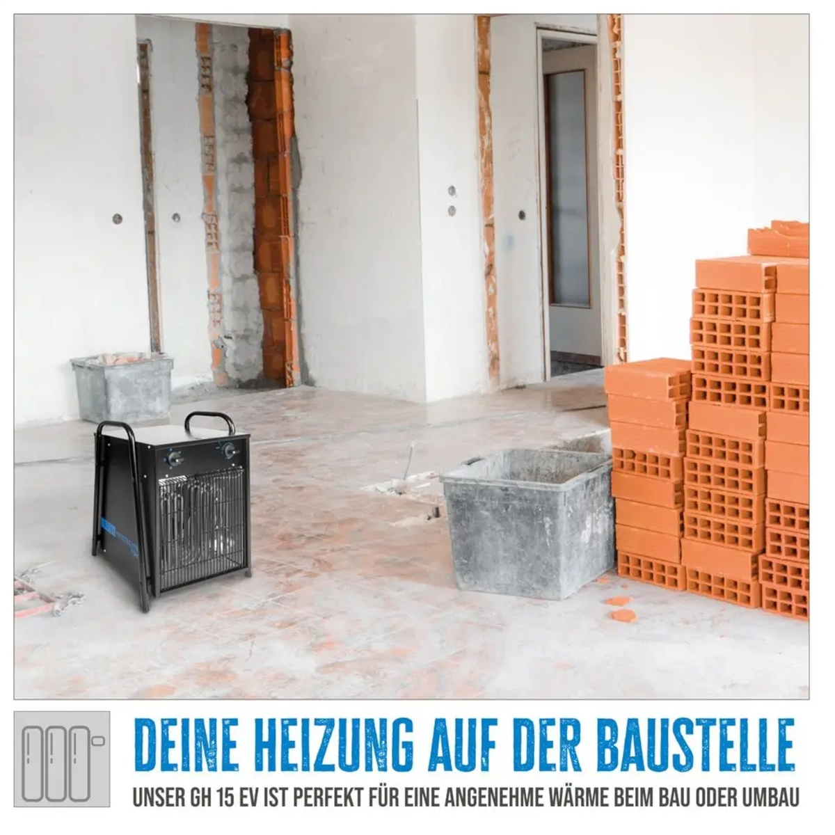 Ein schwarzer Elektroheizer steht auf einem Betonboden in einem Rohbau mit Stapeln von Ziegeln und einer Wanne.