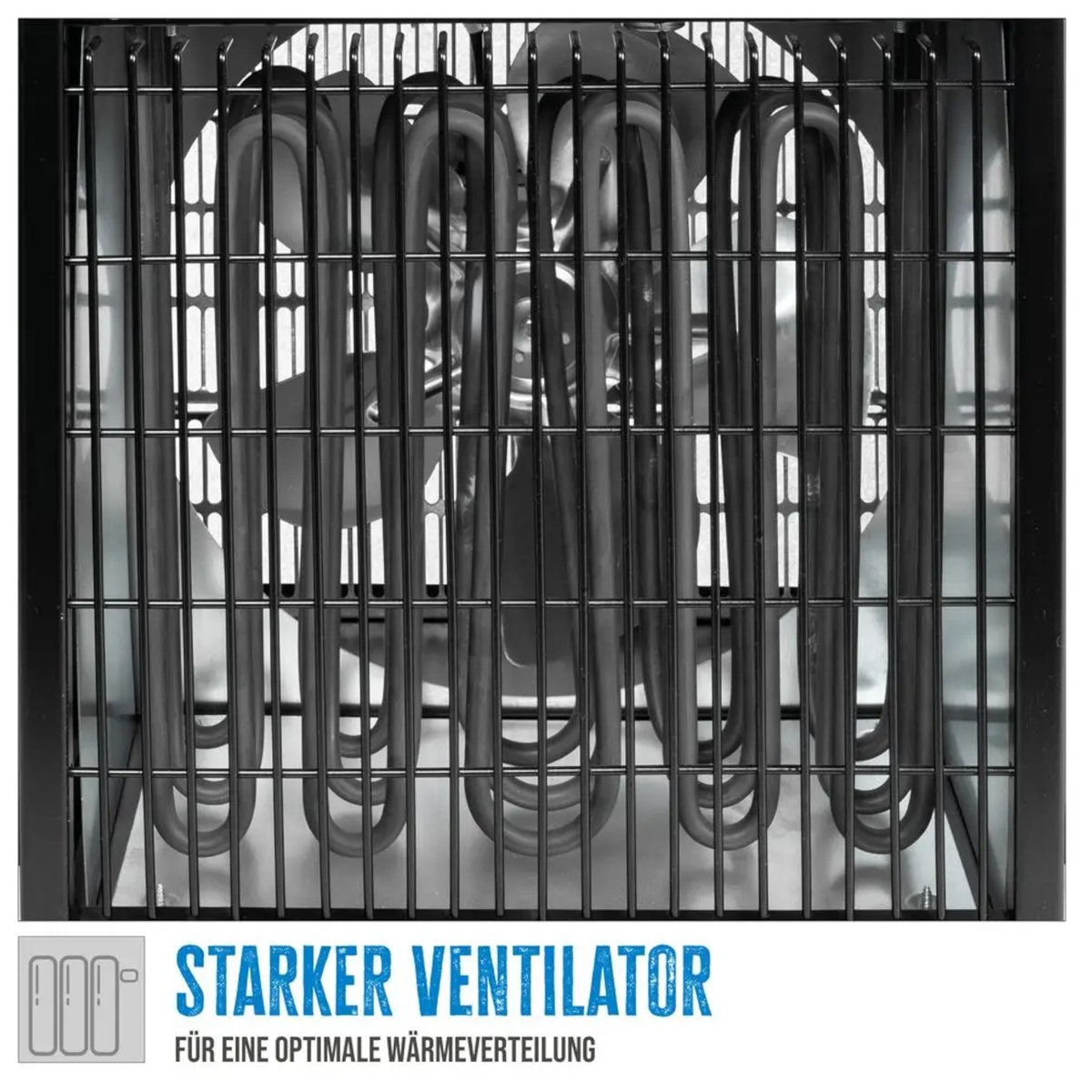 Starker Ventilator für optimale Wärmeverteilung hinter einem Schutzgitter.