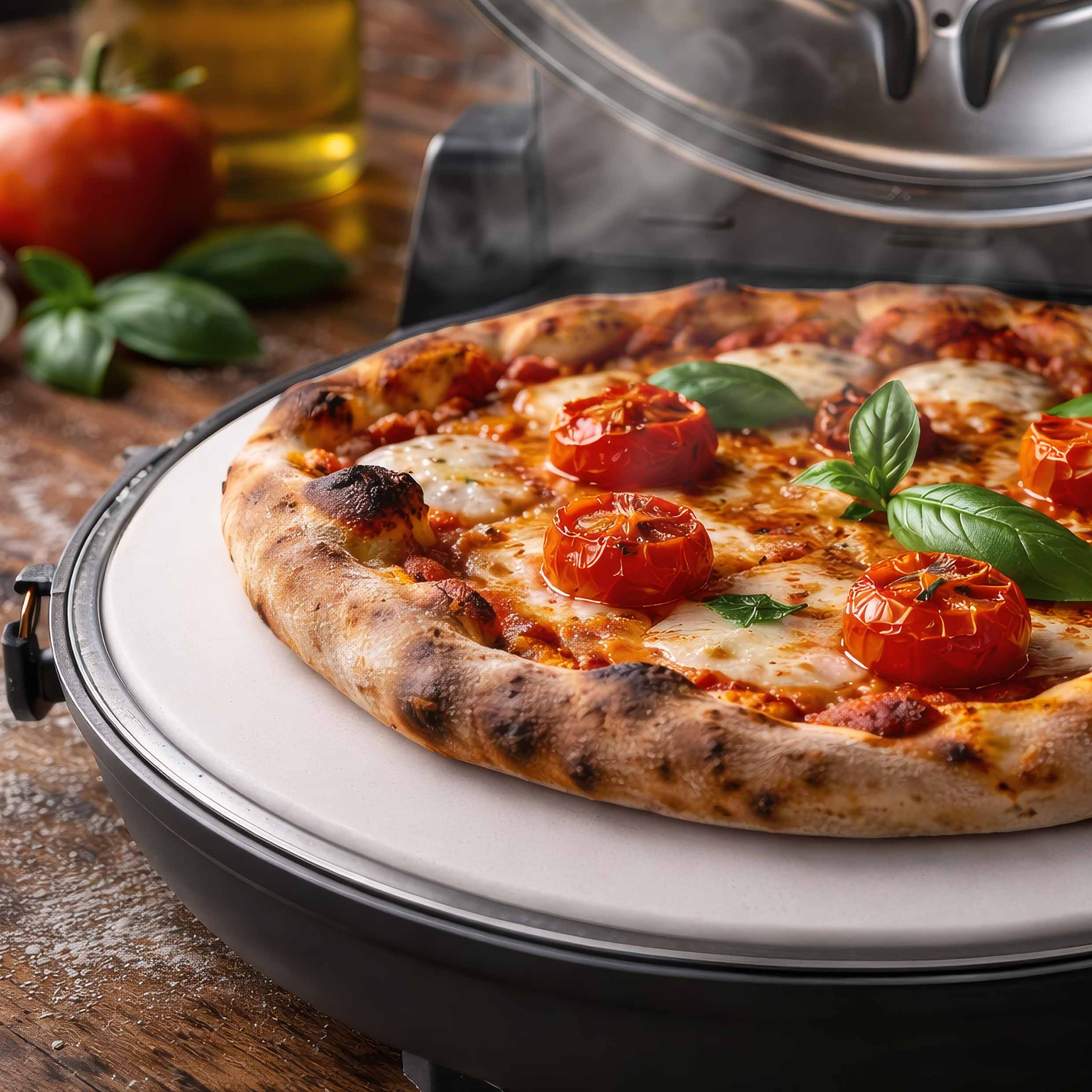 Świeżo upieczona pizza z roztopionym serem, pomidorami i bazylią na kamieniu.
