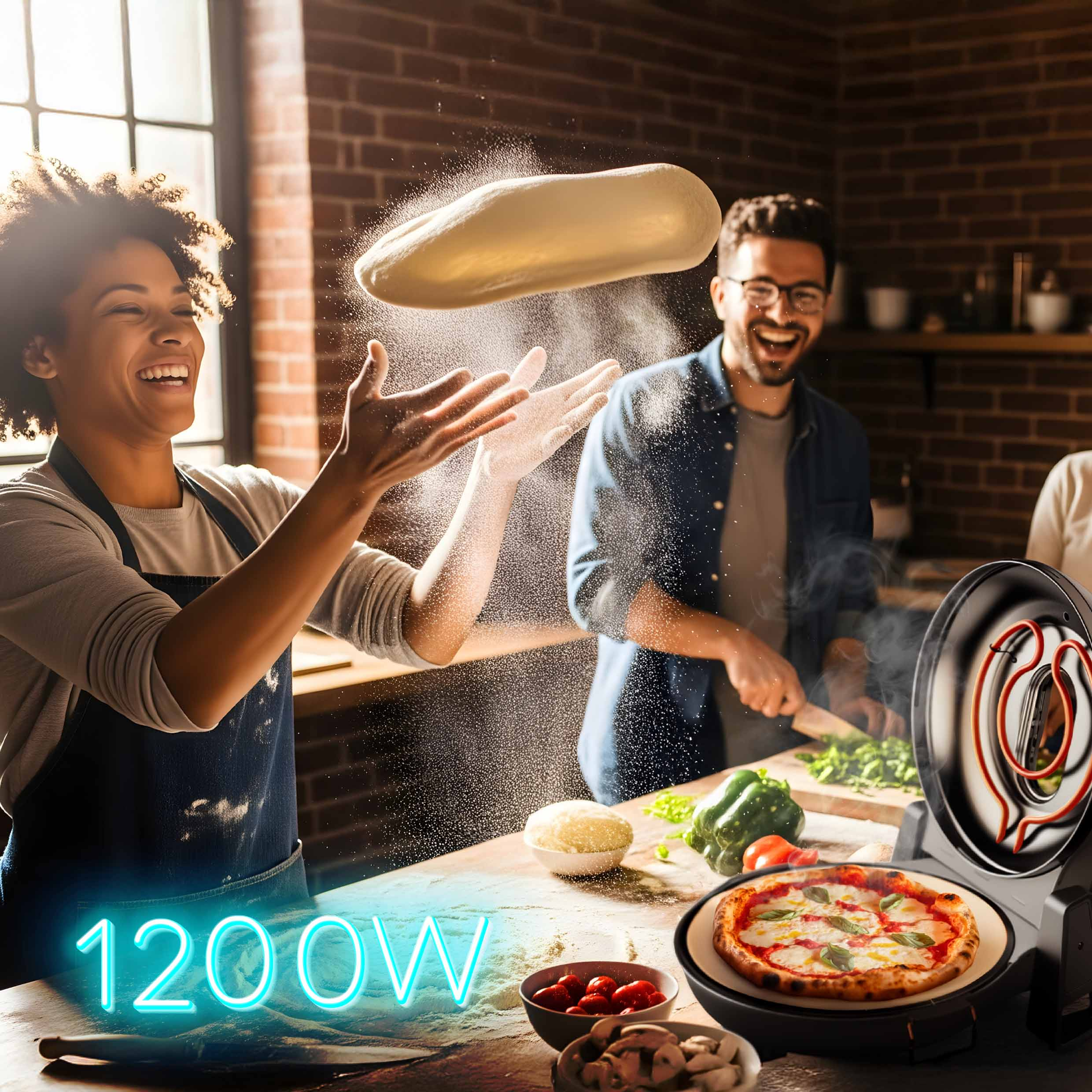 Uśmiechnięta kobieta rzuca ciasto do pizzy w powietrze z mąką, obok mężczyzny i piecyka.