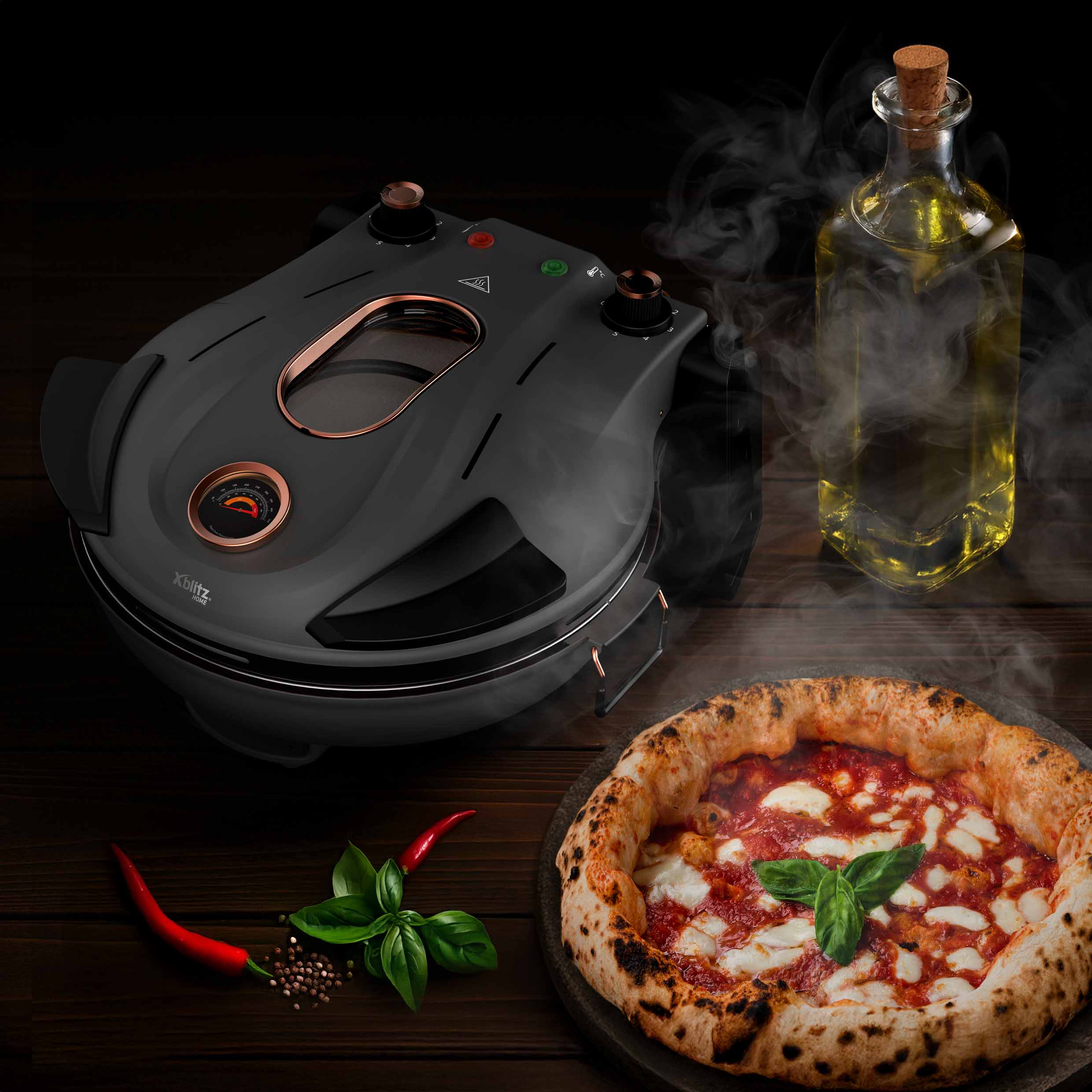 Czarny piecyk do pizzy, butelka oliwy i świeża pizza z bazylią na drewnie.