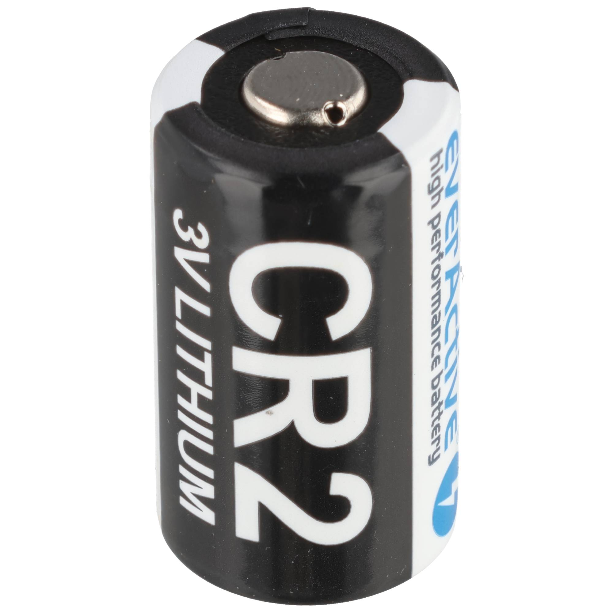 Eine schwarze CR2 3V Lithium-Batterie mit weißer Aufschrift vor weißem Hintergrund.
