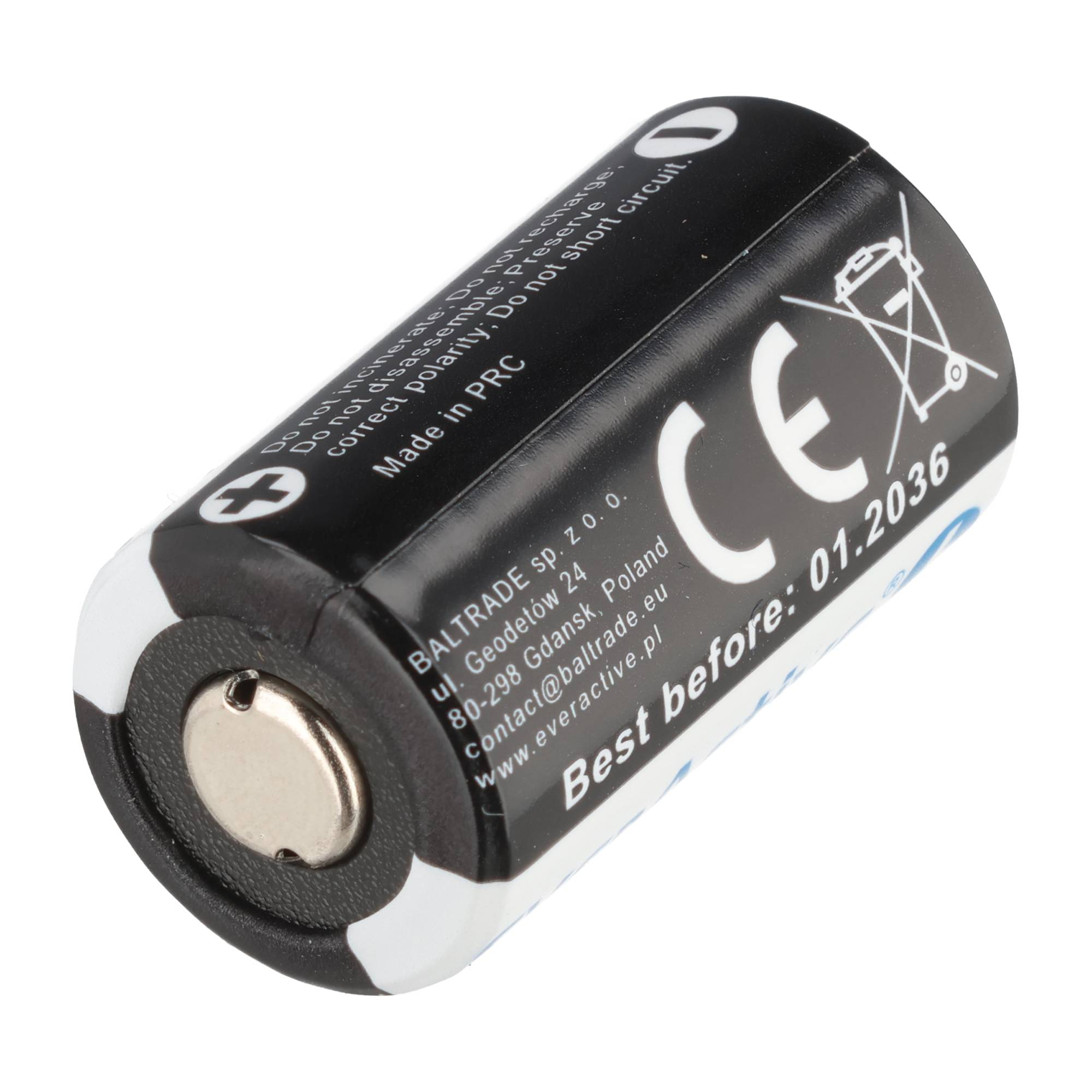 Eine schwarze und weiße Batterie mit Text und CE-Kennzeichnung auf einer weißen Oberfläche.