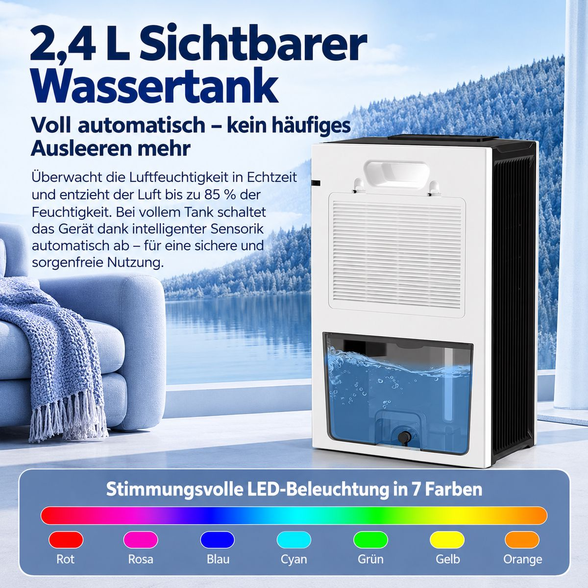 Ein weißer Luftentfeuchter mit sichtbarem Wassertank vor Winterlandschaft, mit deutschem Werbetext.