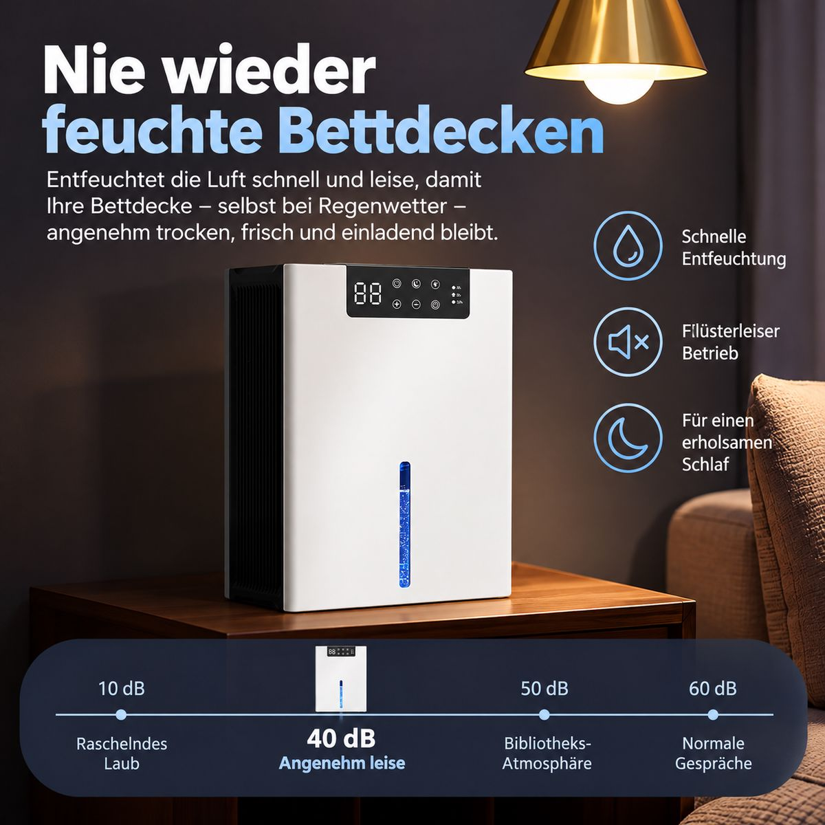 Ein weißer Luftentfeuchter auf einem Holztisch mit deutschem Werbetext.