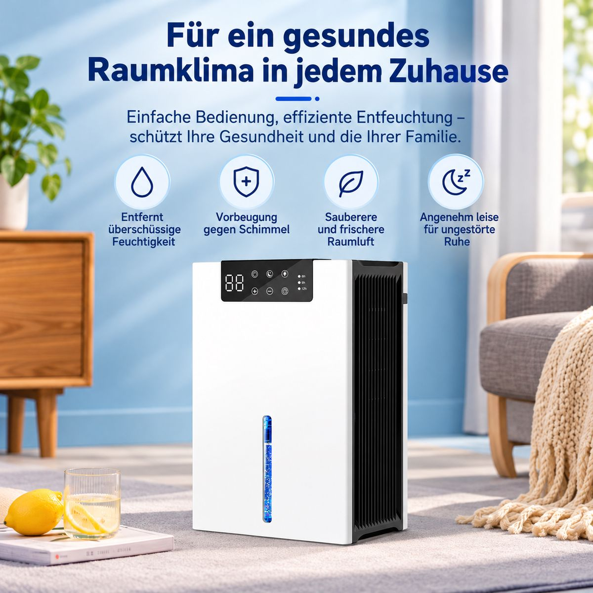 Ein weißer Luftentfeuchter steht in einem Wohnzimmer mit Texten zu seinen Vorteilen.