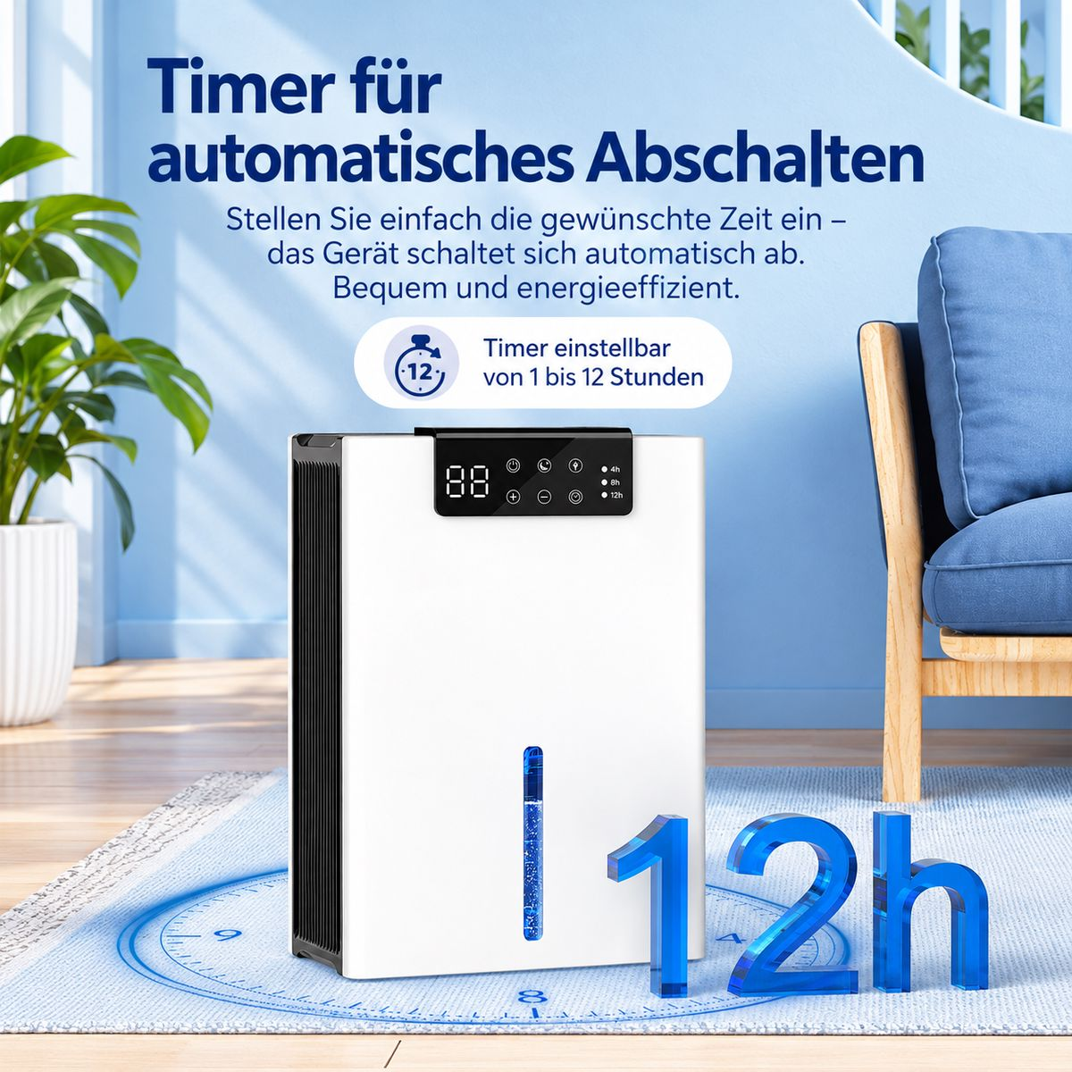 Ein weißer Luftentfeuchter steht auf einem blauen Teppich in einem Raum mit blauer Wand und Holzsofa.