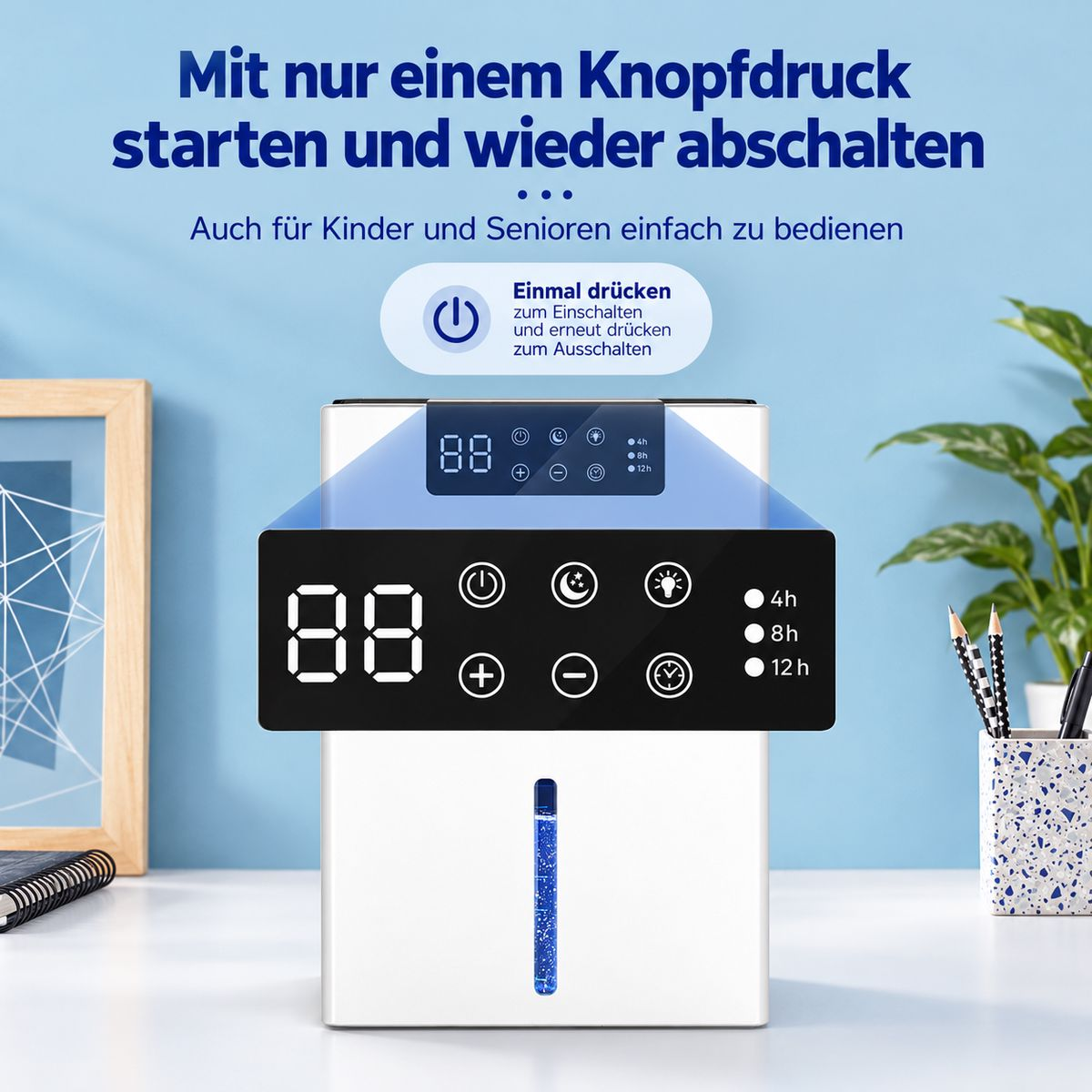 Ein weißer Luftentfeuchter mit digitalem Touch-Display und vergrößerter Ansicht der Bedienelemente auf blauem Grund.