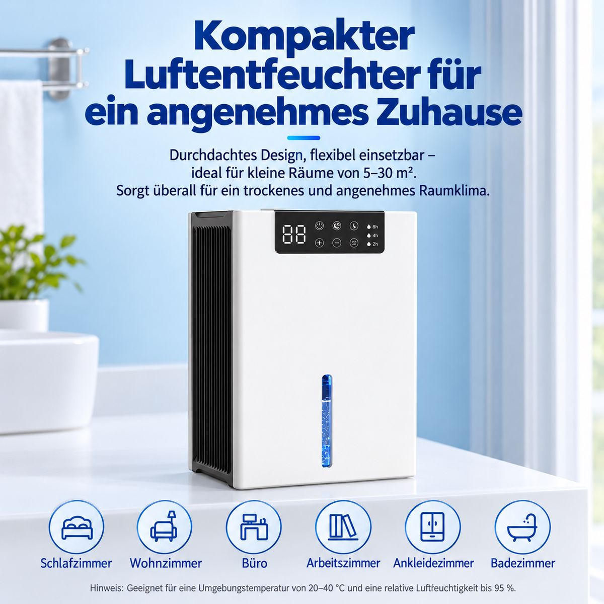 Kompakter weißer Luftentfeuchter auf weißem Tisch vor blauem Bad-Hintergrund mit deutscher Textwerbung.