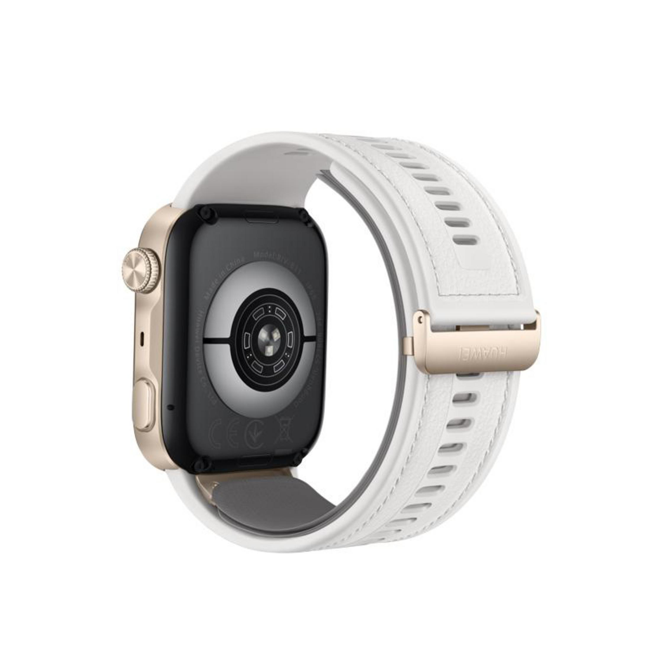 Parte trasera de un reloj inteligente dorado con correa de silicona blanca y sensores sobre fondo blanco.
