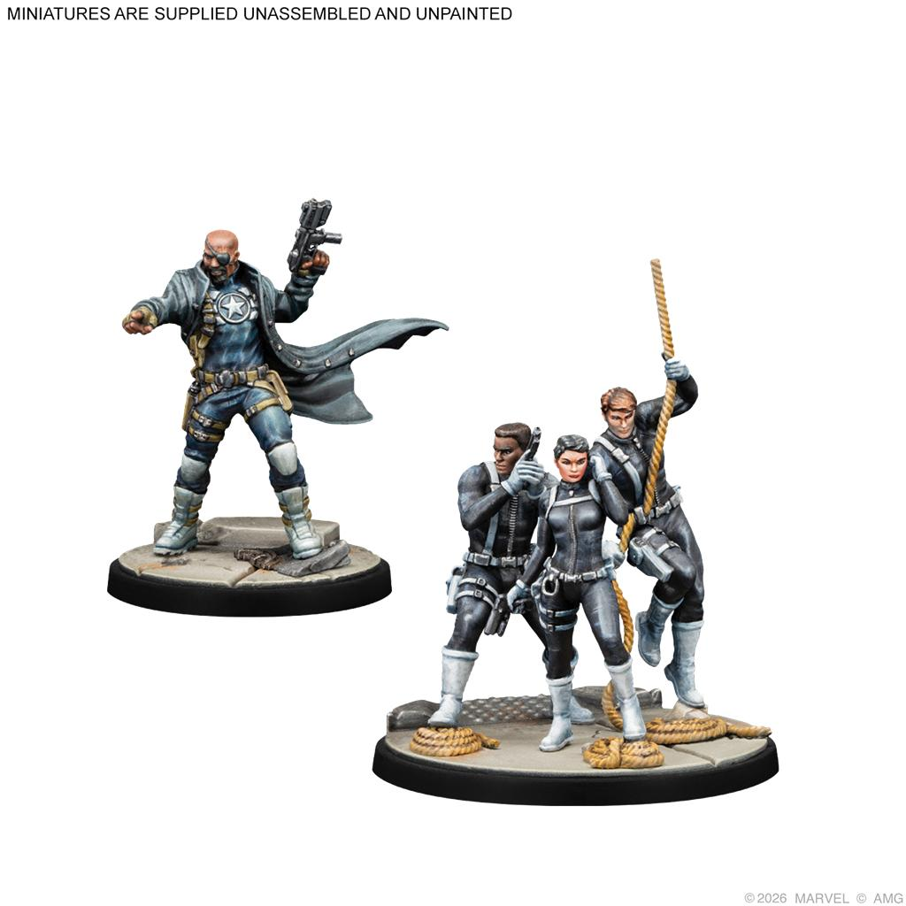 Miniaturas pintadas de Nick Fury y tres agentes en bases redondas.