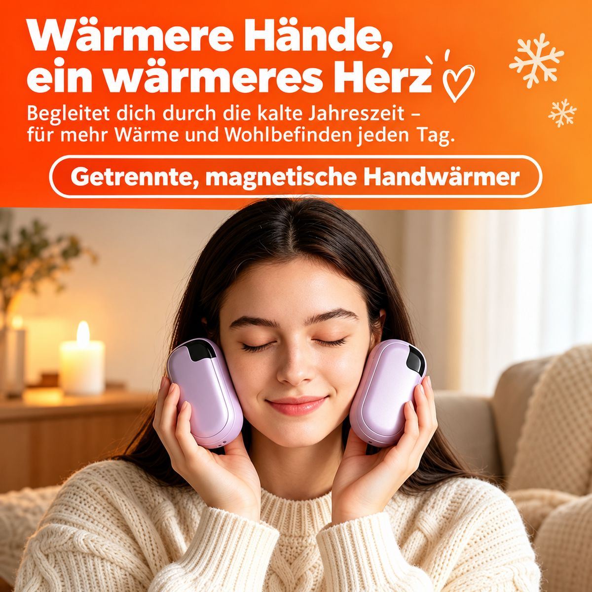Eine Frau hält zwei lila Handwärmer an ihr Gesicht, mit deutschem Werbetext oben.