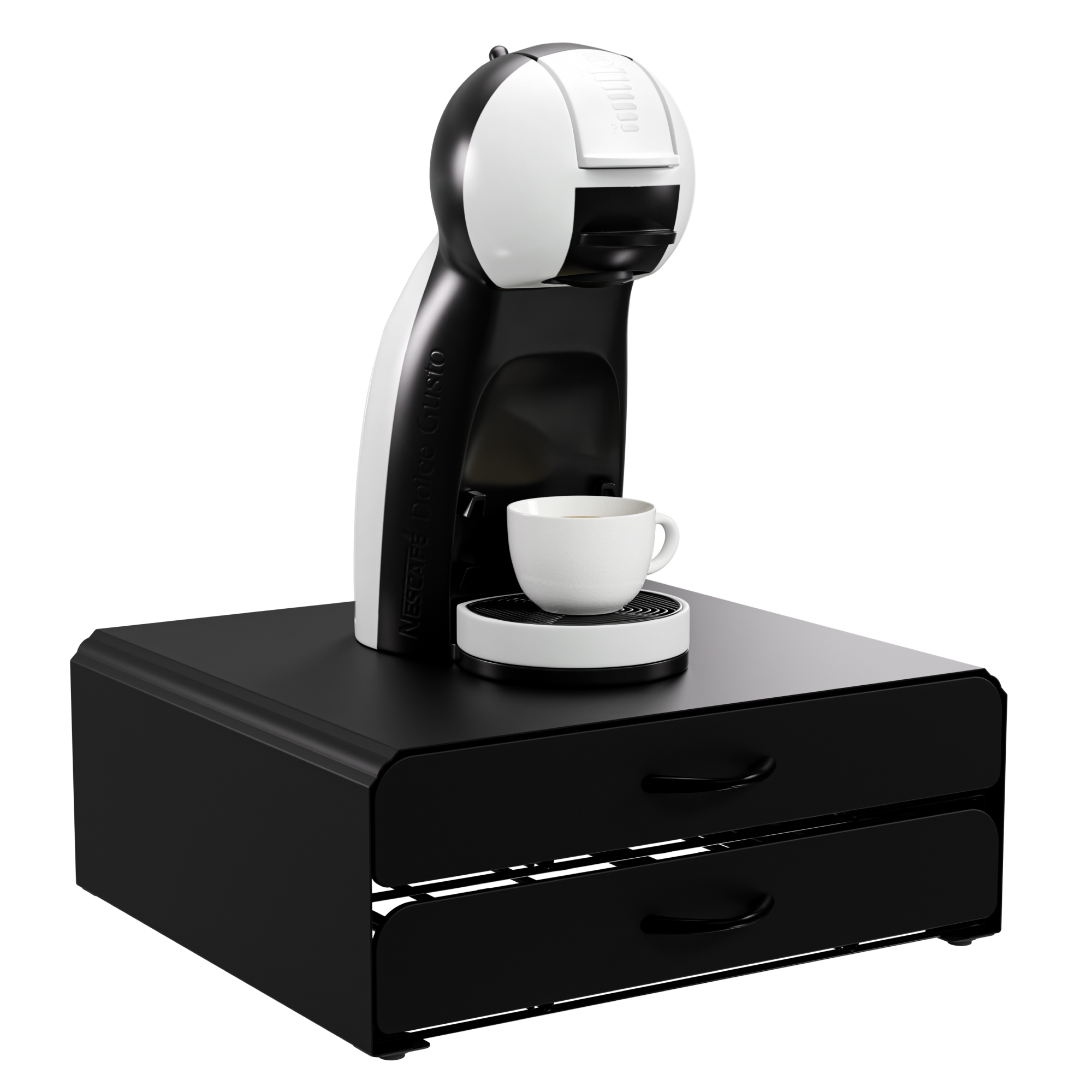 Eine schwarz-weiße Kaffeemaschine steht auf einer schwarzen Kommode mit zwei Schubladen. Eine weiße Tasse steht bereit.