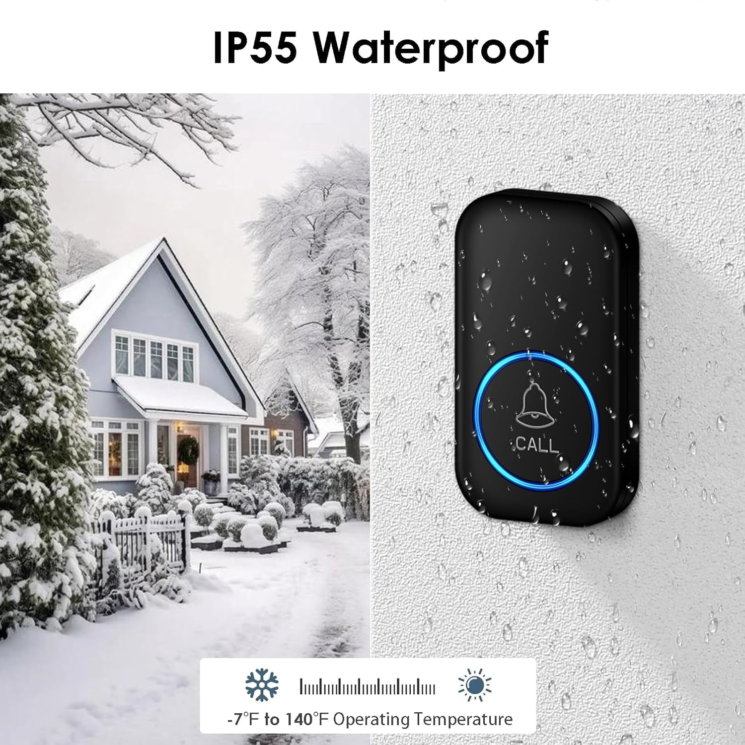 Wasserdichte schwarze Klingel an weißer Wand, links eine schneebedeckte Winterhaus-Szene mit Text IP55 Waterproof.