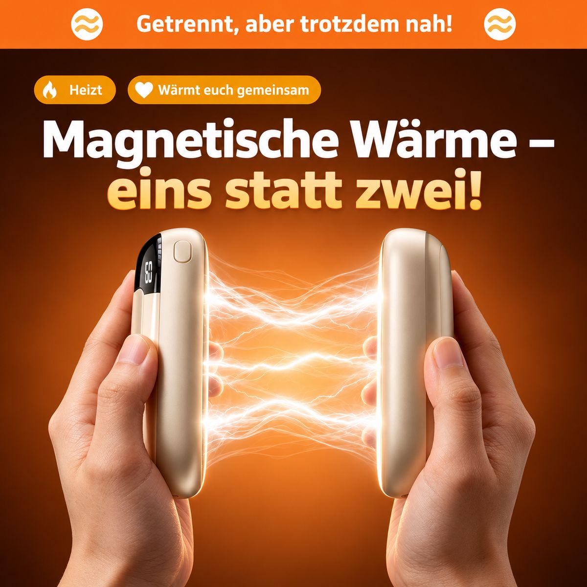 Zwei Hände halten zwei magnetische Handwärmer, die durch elektrische Blitze auf orangefarbenem Hintergrund verbunden sind.
