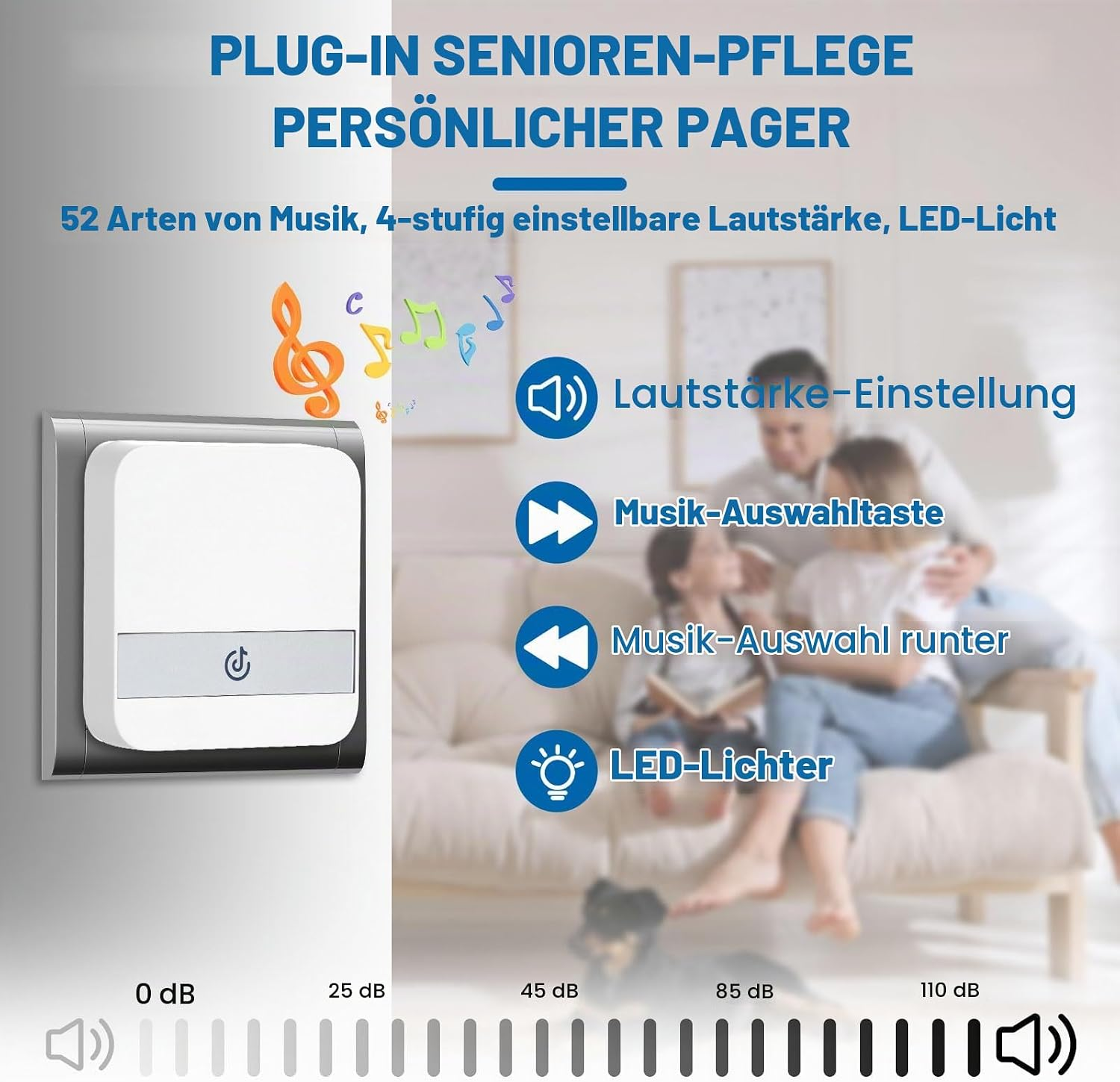 Ein weißer Senioren-Notfallpager mit Musik- und Lautstärkeeinstellungen vor einem Familienhintergrund.