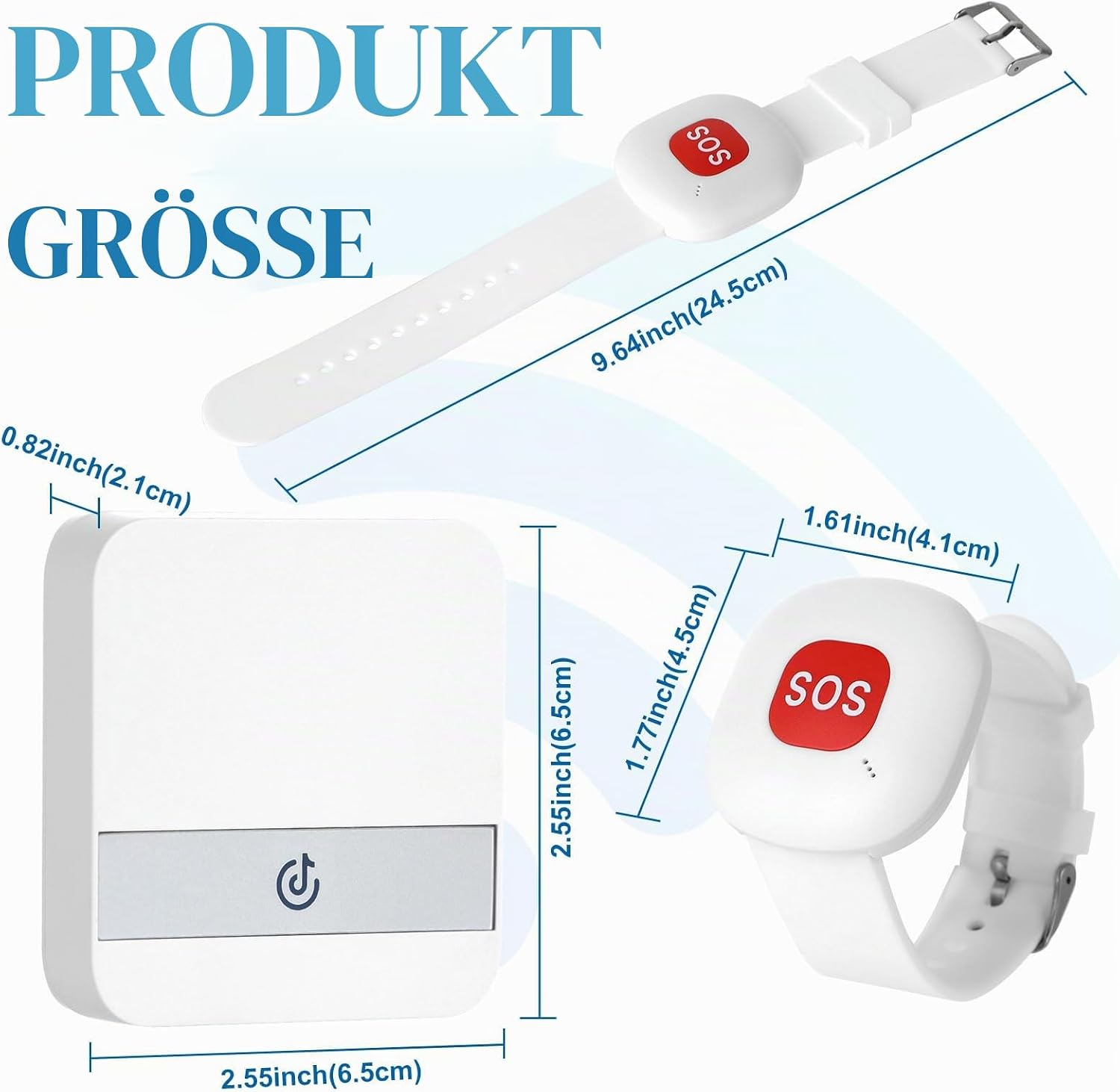 Diagramm zeigt die Produktgröße einer weißen SOS-Notruf-Uhr und einer Basisstation mit genauen Maßangaben.