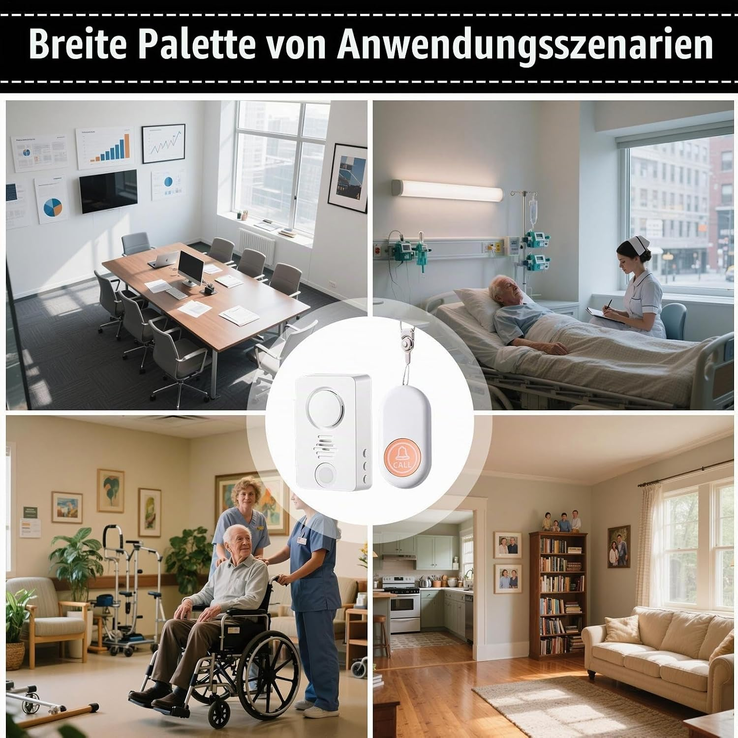 Verschiedene Anwendungsszenarien für Notrufknöpfe in Büros, Krankenhäusern und Wohnungen.
