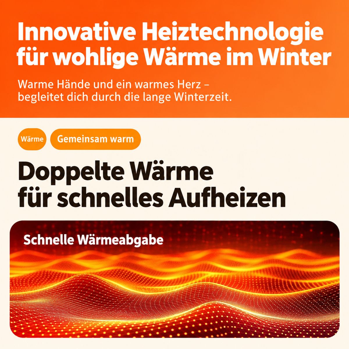 Werbebanner für innovative Heiztechnologie mit Text auf orange und weißem Hintergrund und Grafik.