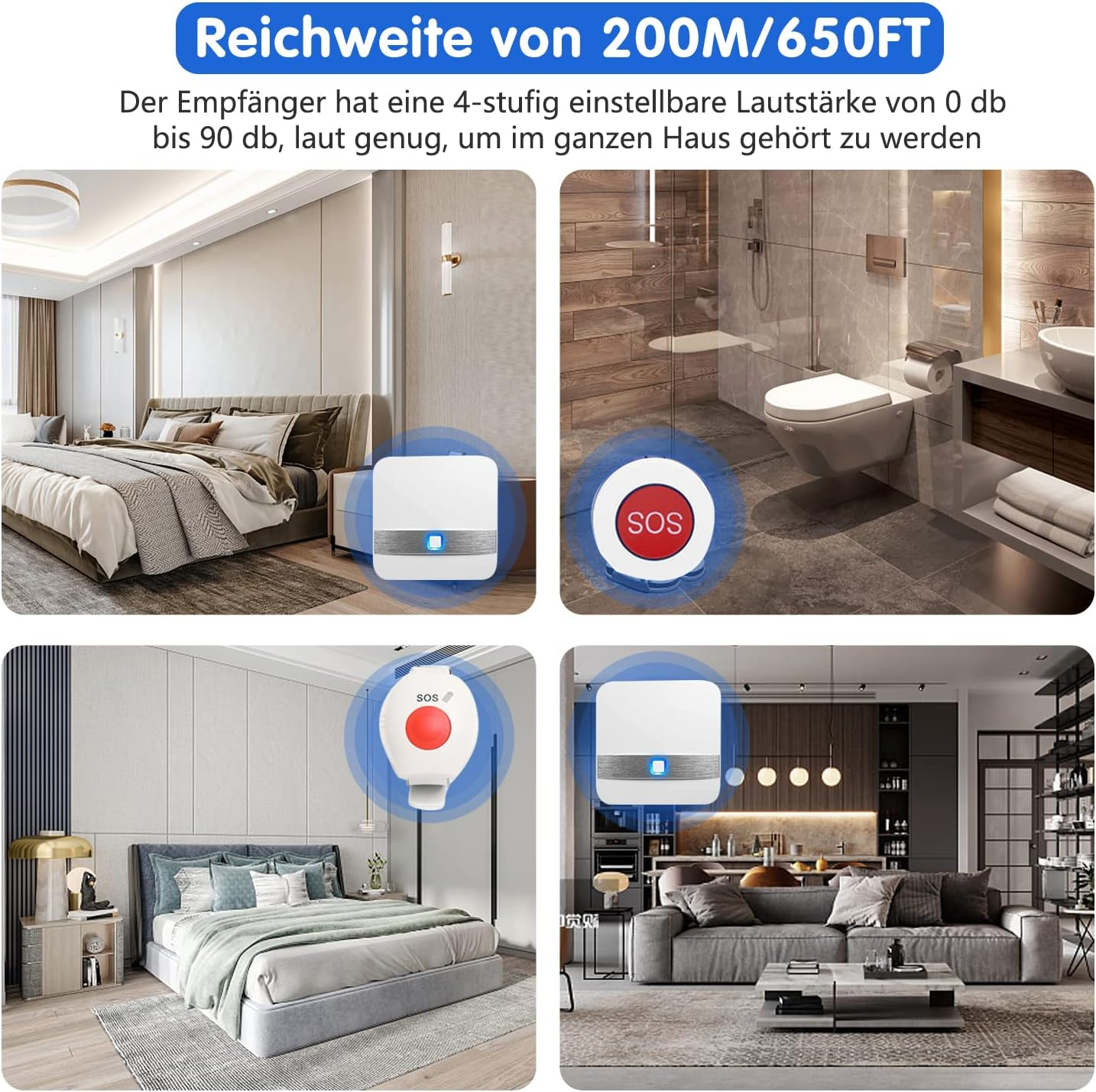 SOS-Notrufknopf und Empfänger mit 200m Reichweite und 4 Lautstärken.