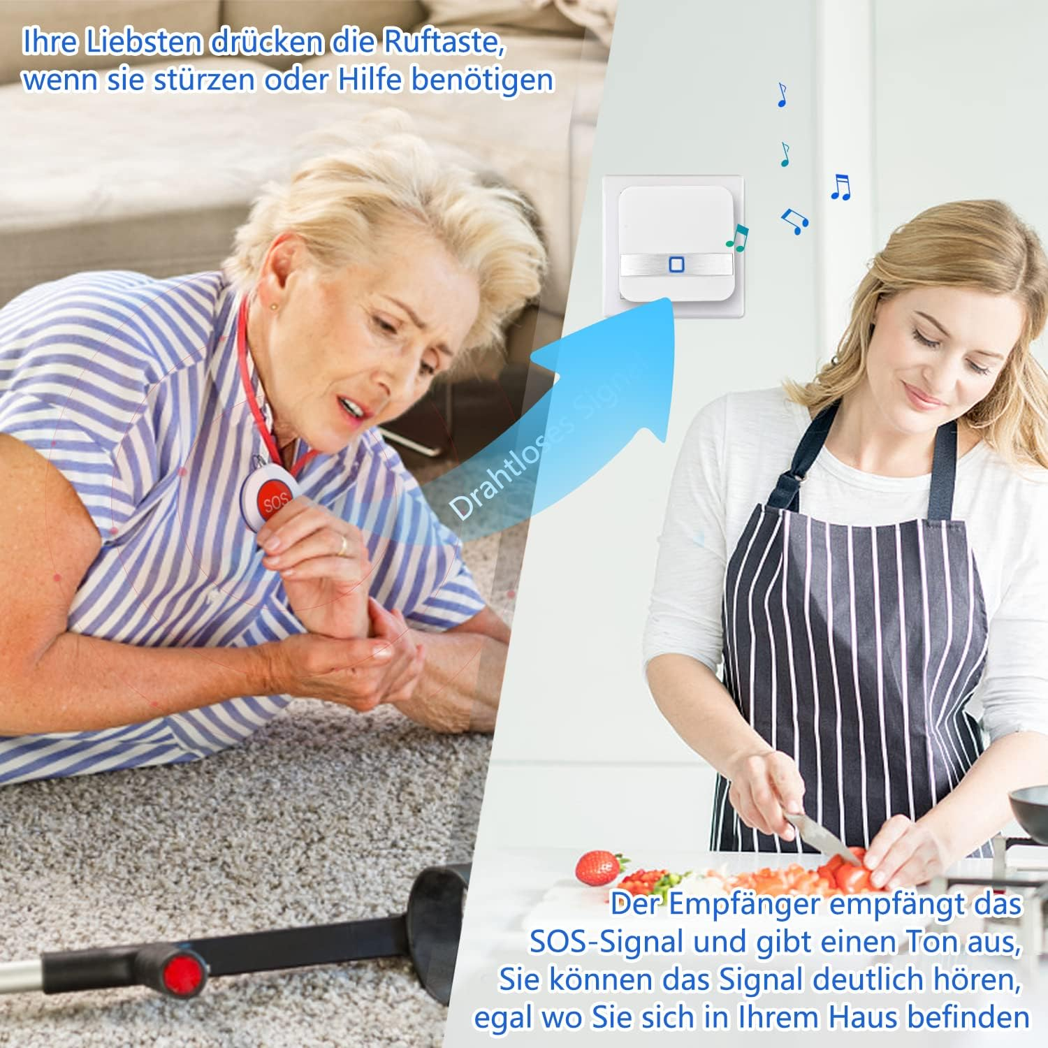 Eine Seniorin drückt nach einem Sturz den Notrufknopf, während eine Frau in der Küche das Signal hört.