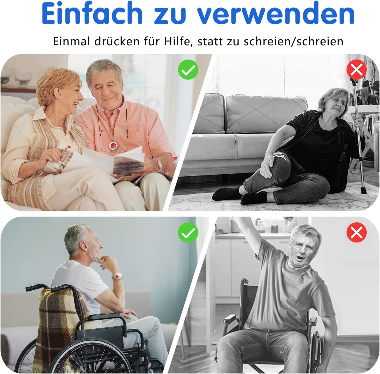 Vergleichsbilder zeigen Senioren mit und ohne Notruf-Gerät in gefährlichen Situationen.