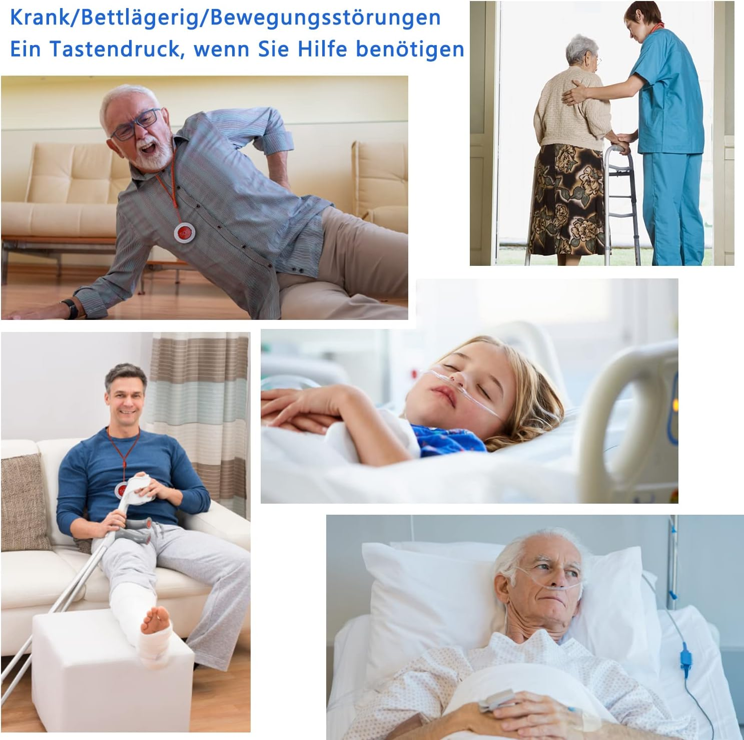 Verschiedene Szenen von Patienten und Senioren mit medizinischen Hilfsmitteln in Pflege und Notfall.
