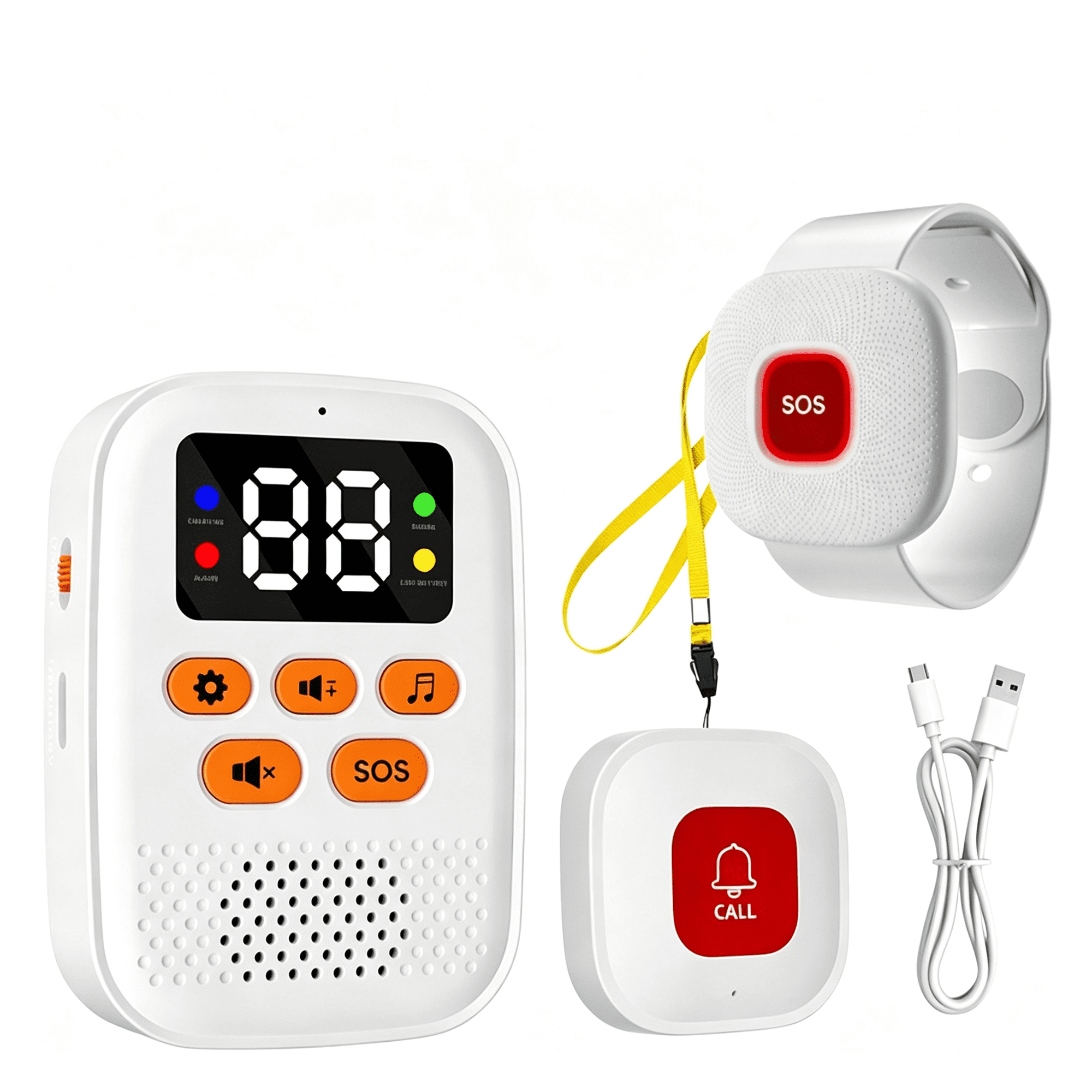 Ein weißer Notruf-Empfänger, ein Armband, ein Notrufknopf mit Lanyard und ein USB-Ladekabel auf weißem Hintergrund.