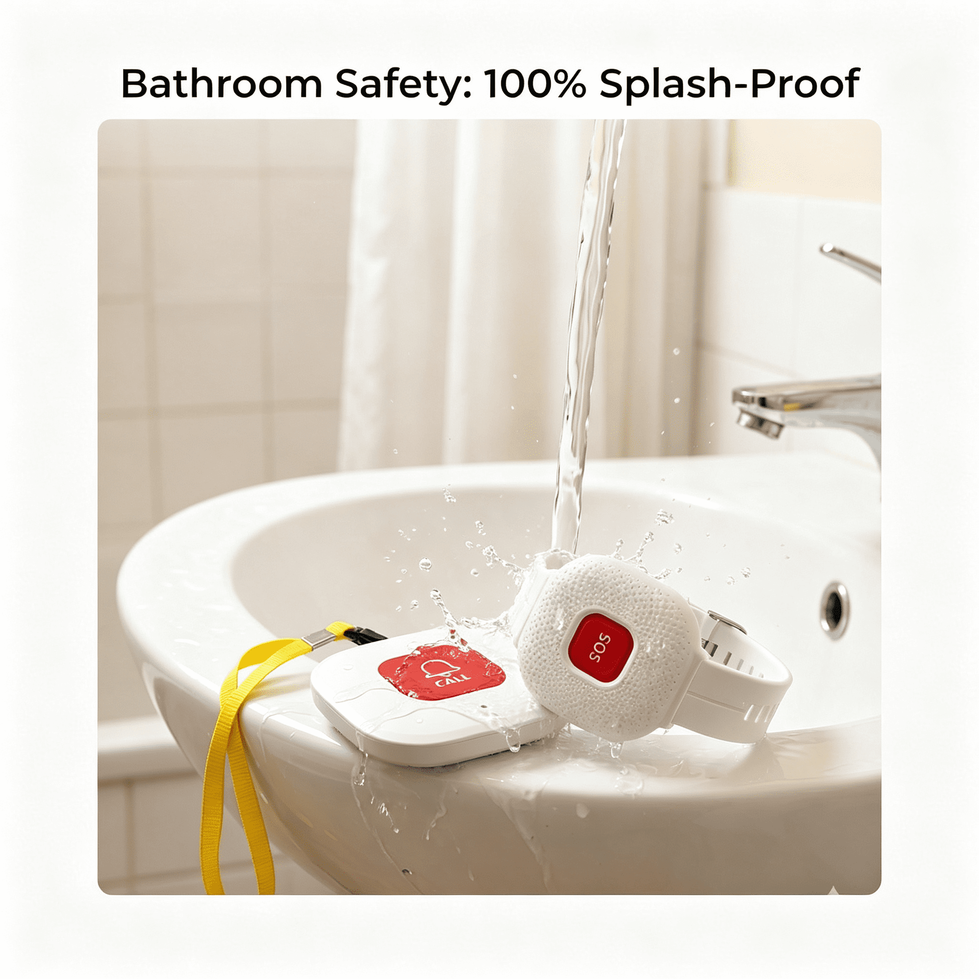 Wasser spritzt auf einen weißen Notrufknopf und eine weiße SOS-Uhr auf einem Waschbecken.