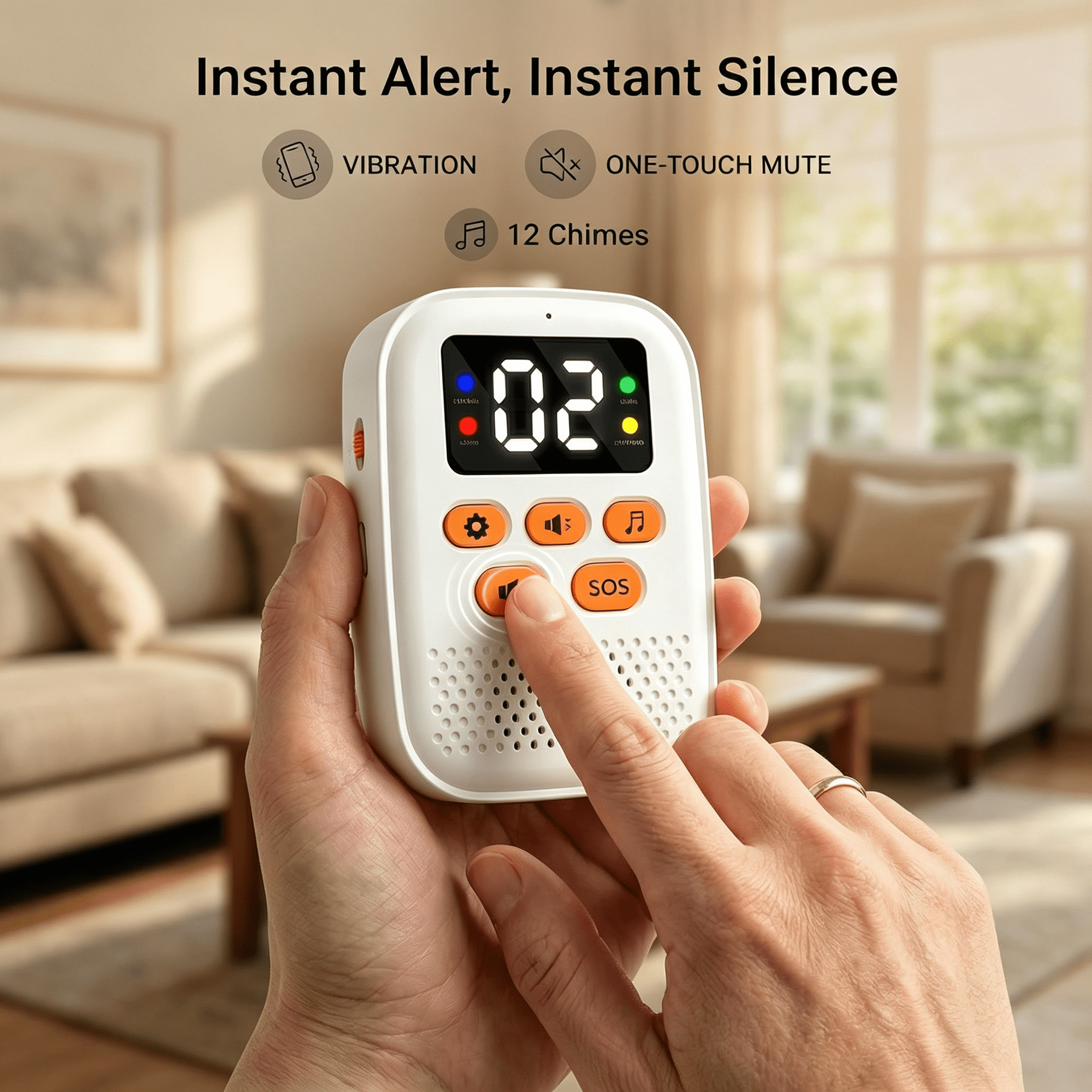 Eine Person hält ein weißes digitales Alarmgerät mit orangen Knöpfen und der Zahl 02 in einem Wohnzimmer.