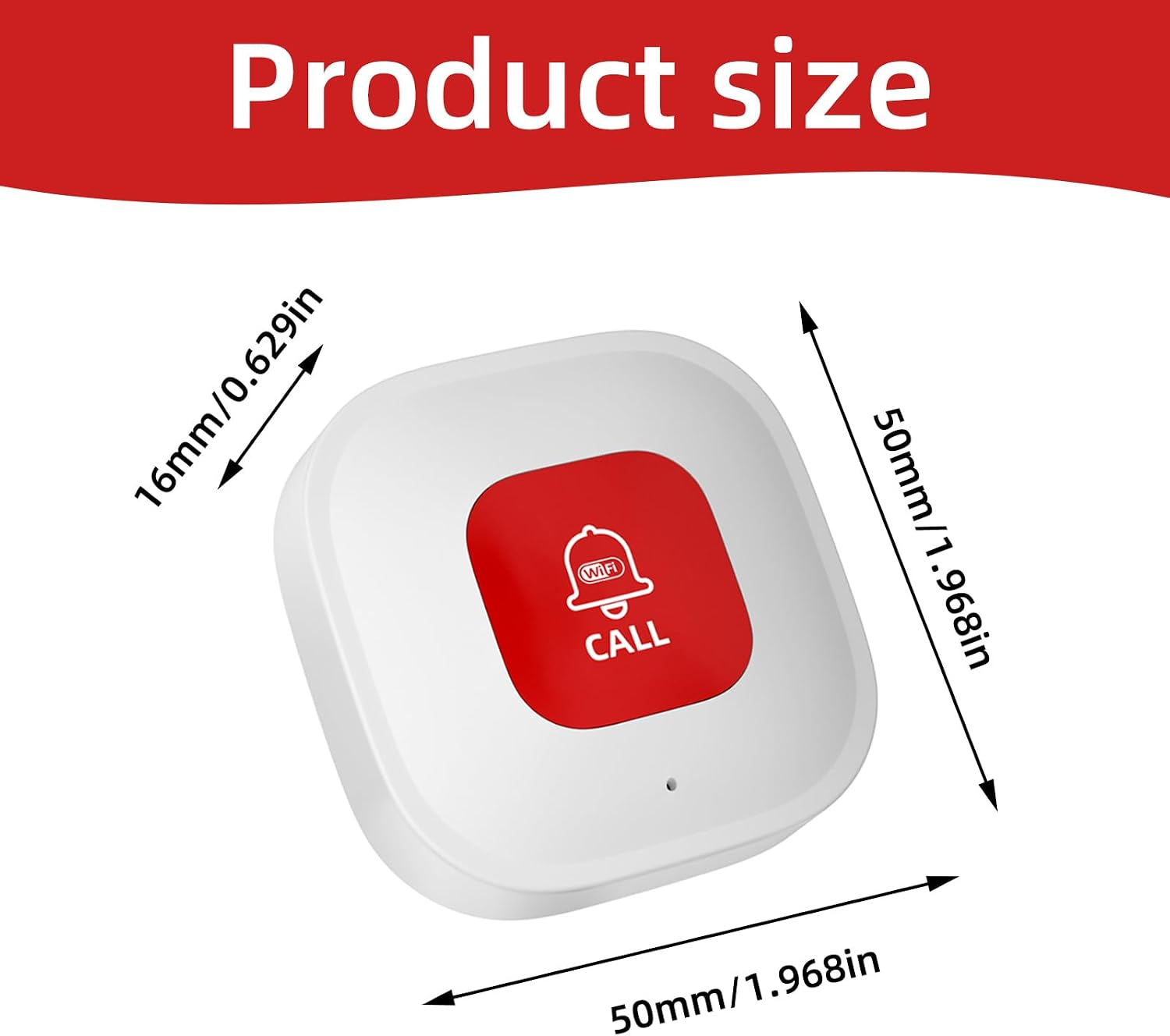 Diagramm zeigt die Abmessungen eines quadratischen, weißen Notrufknopfs mit einem roten Call-Symbol.