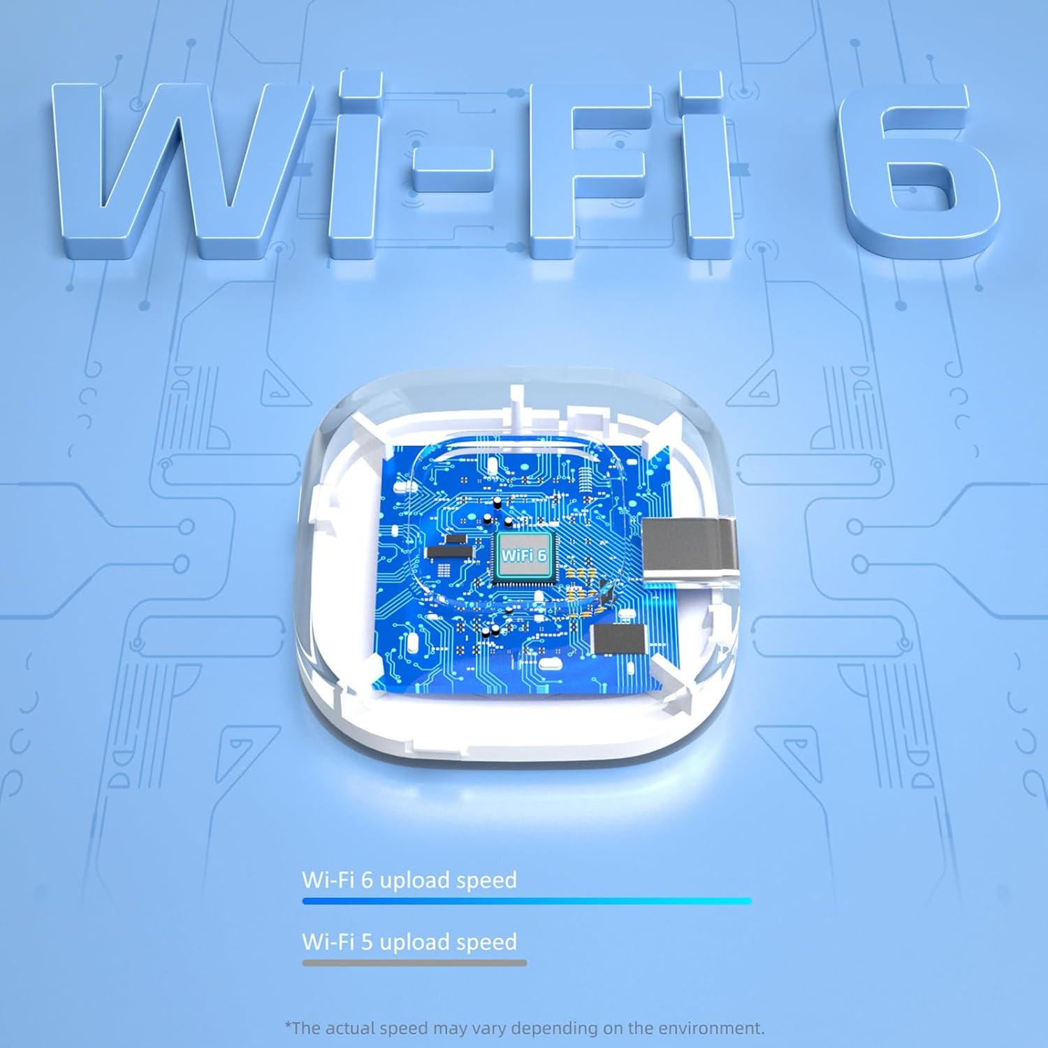 Wi-Fi 6 Router mit blauer Platine auf hellblauem Hintergrund mit Leiterbahnen.