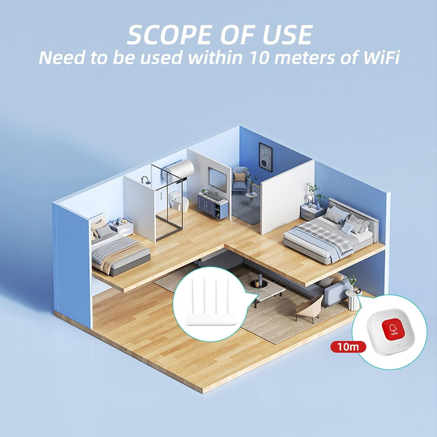 3D-Grundriss eines Hauses mit der Angabe, dass es im Umkreis von 10 Metern um das WLAN verwendet werden muss.