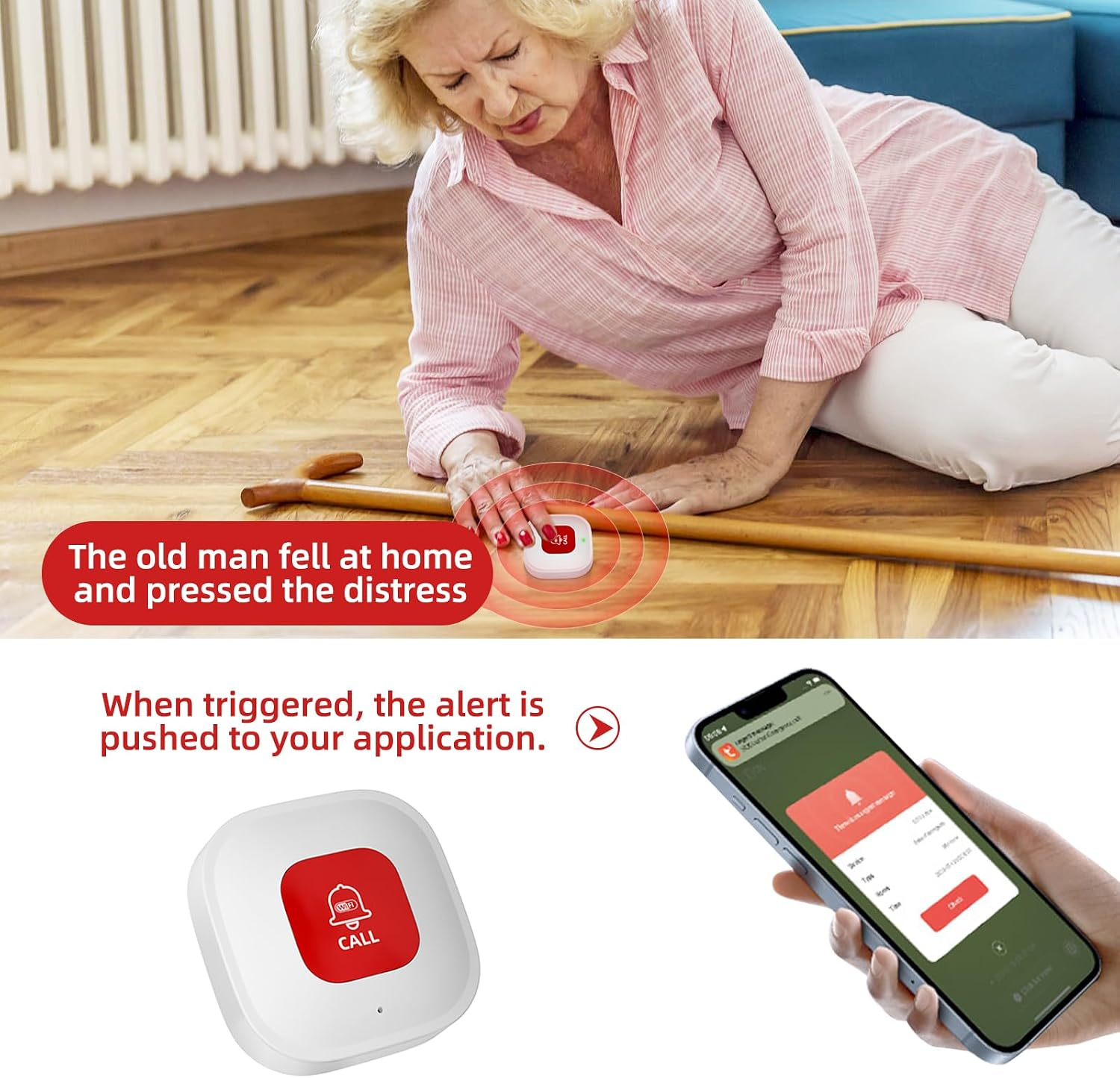 Eine ältere Frau liegt auf dem Holzboden und drückt einen Notrufknopf neben ihrem Gehstock, verbunden mit einer Smartphone-App.
