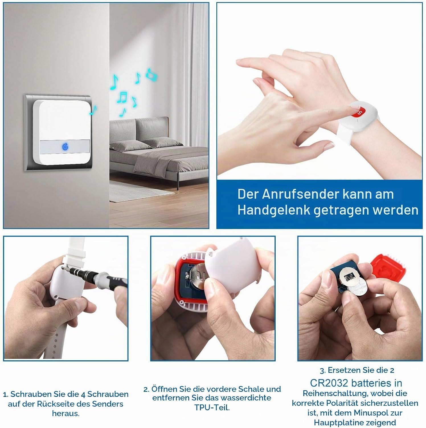 Anleitung zur Verwendung und zum Batteriewechsel des tragbaren Notrufknopfes mit Funk-Empfänger.