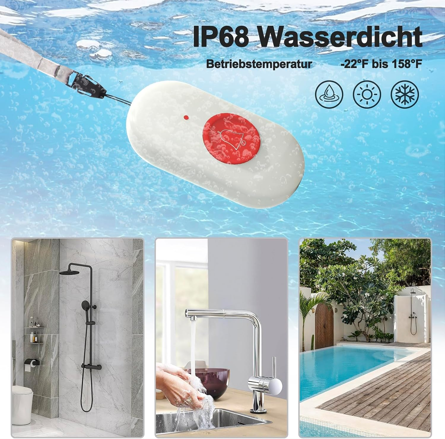 Ein wasserdichter Notrufknopf unter Wasser, mit Bildern einer Dusche, Spüle und eines Pools.