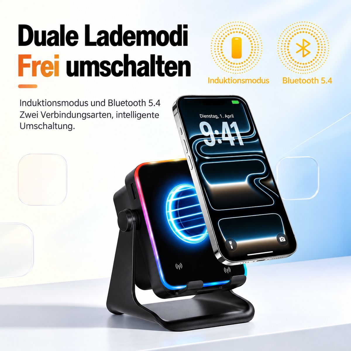 Ein Smartphone magnetisch an einer kabellosen Ladestation mit bunter LED-Beleuchtung und dualen Modi.