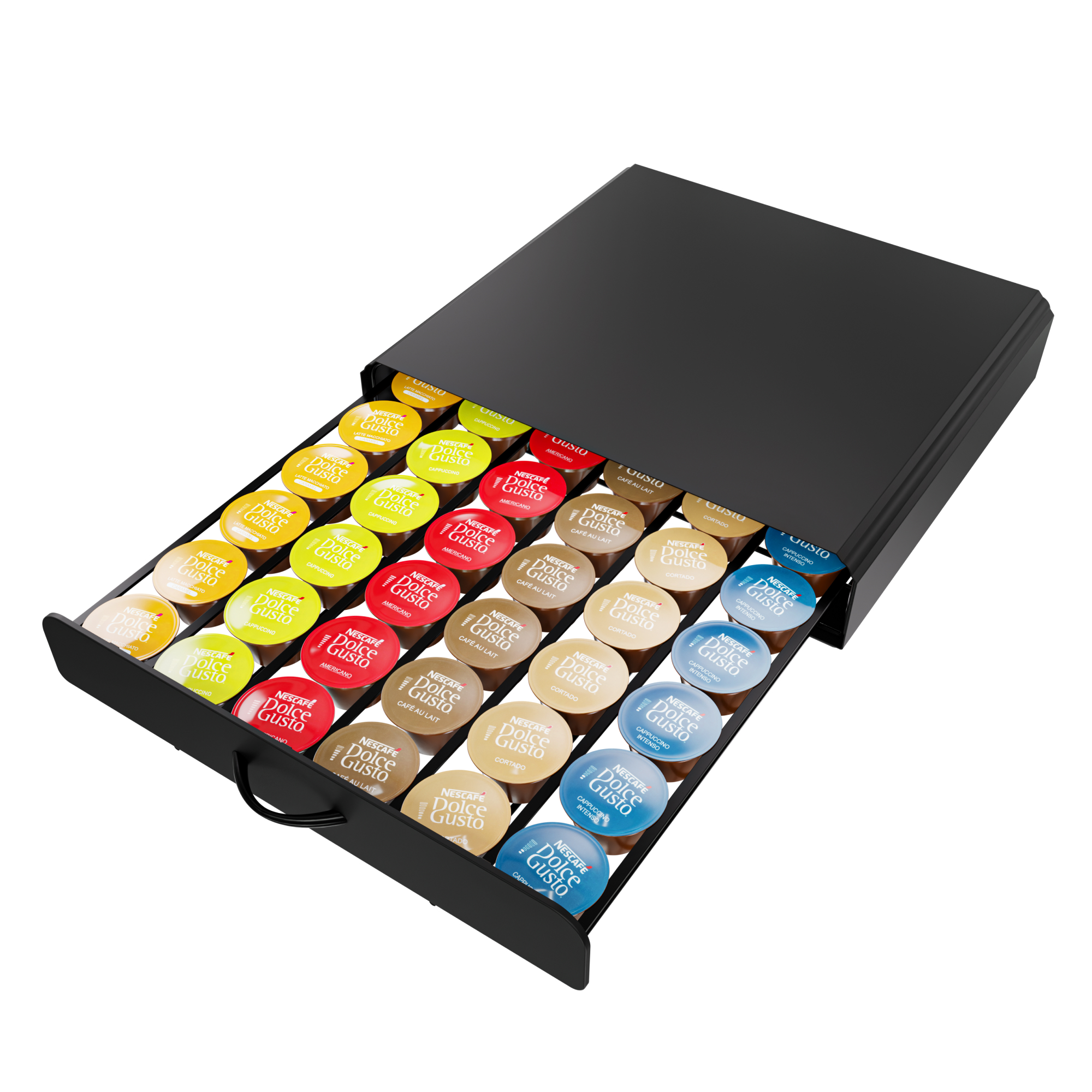 Eine schwarze Schublade gefüllt mit bunten Reihen von Nescafe Dolce Gusto Kaffeepads.