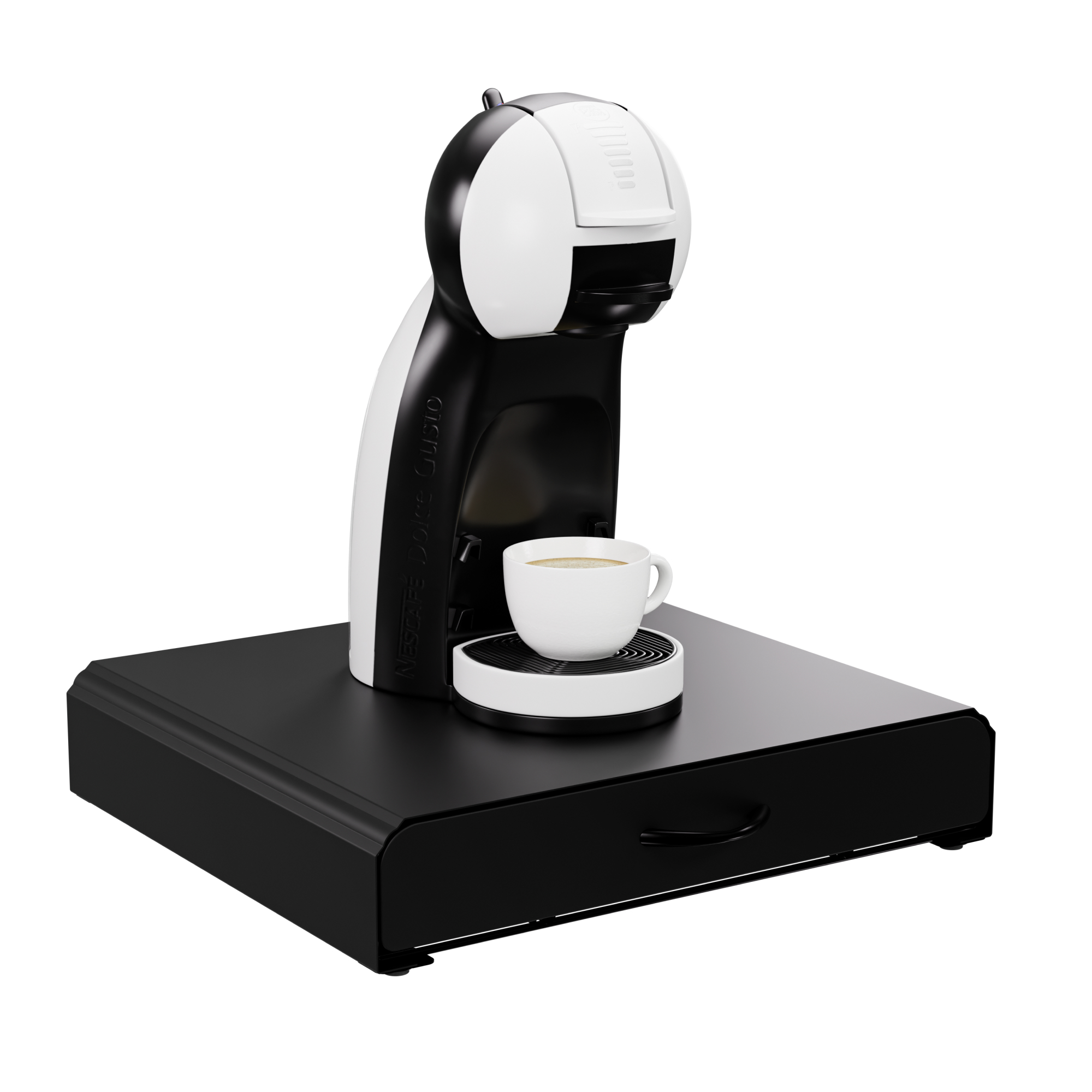 Eine schwarz-weiße Kaffeemaschine auf einem schwarzen Sockel mit einer weißen Tasse Kaffee.