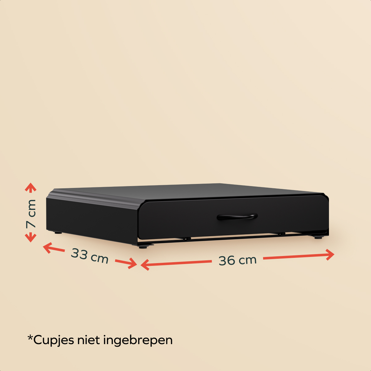 Schwarze Kaffeekapselschublade mit Maßen: 36 cm breit, 33 cm tief und 7 cm hoch.
