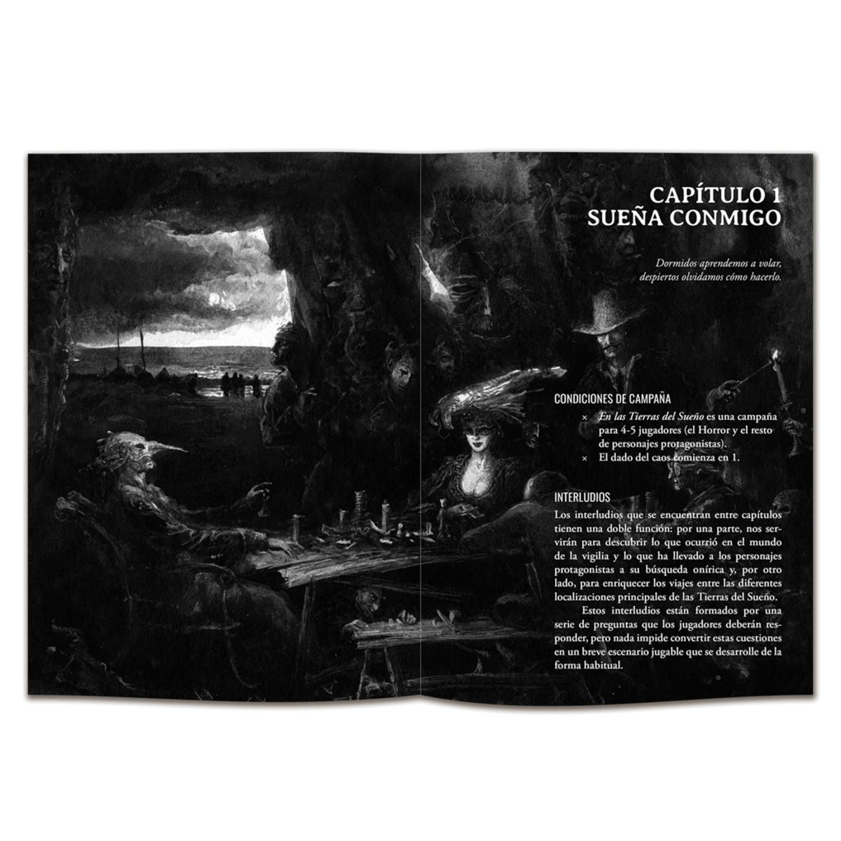 Página de libro oscura con ilustración gótica, figuras misteriosas y texto en español.