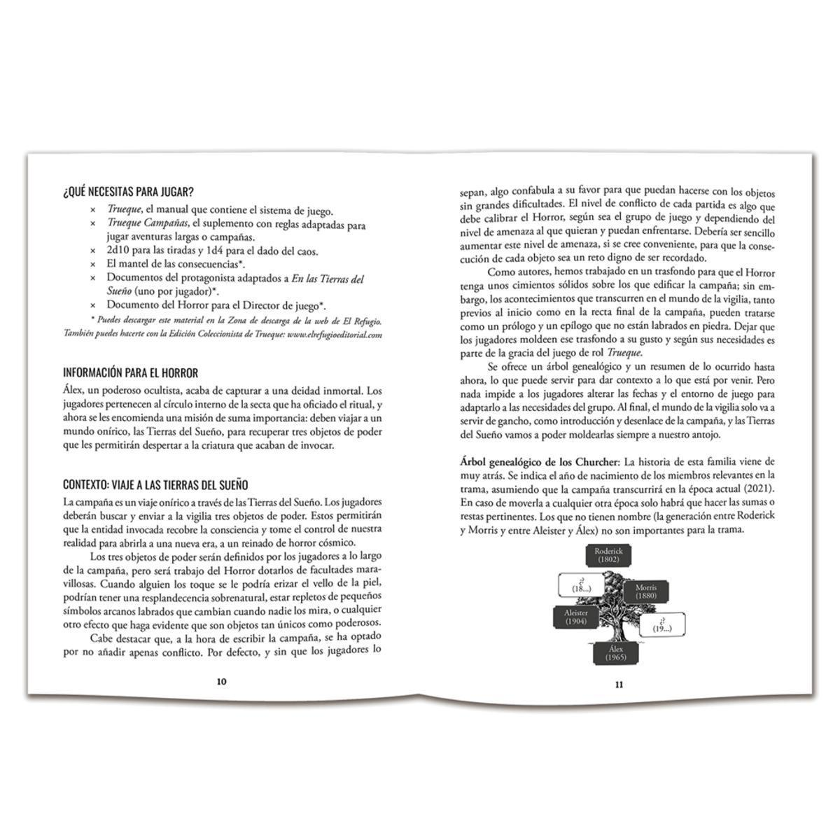 Dos páginas de libro abiertas con texto en español y un pequeño diagrama de árbol genealógico abajo a la derecha.