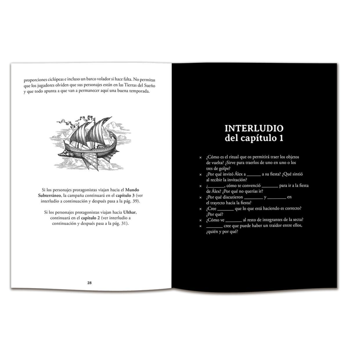 Un libro abierto en español con texto, la ilustración de un barco y una página negra titulada Interludio.