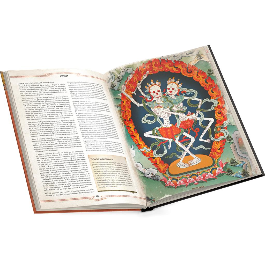 Un libro abierto con páginas de texto y una colorida ilustración a página completa de esqueletos danzantes rodeados de llamas.