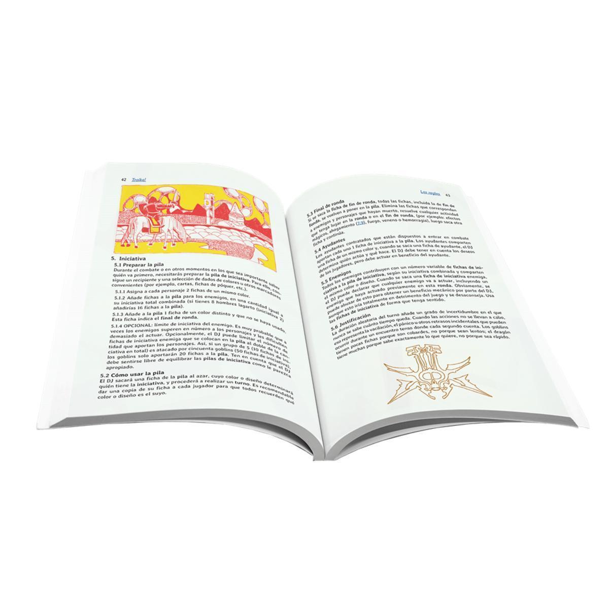 Un libro abierto con texto en español e ilustraciones coloridas sobre fondo blanco.