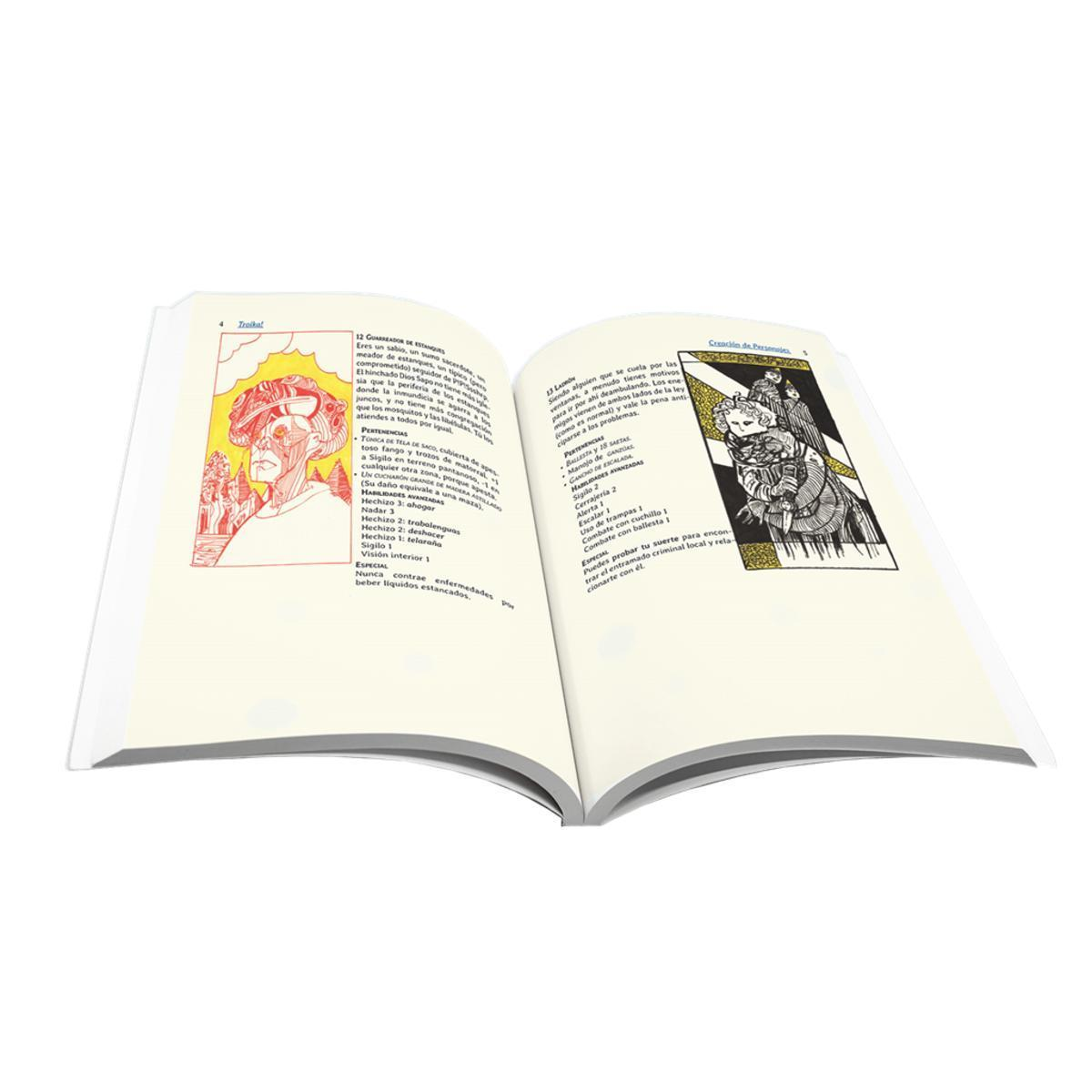 Un libro abierto con texto en español e ilustraciones muestra páginas izquierdas y derechas con descripciones de personajes.