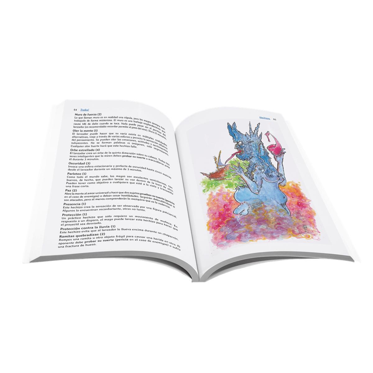 Un libro abierto muestra texto en español a la izquierda y la ilustración de una criatura azul a la derecha.
