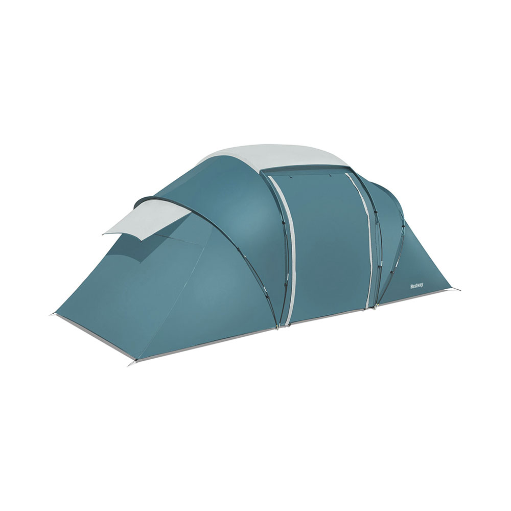 Une grande tente tunnel bleue et blanche sur fond blanc.