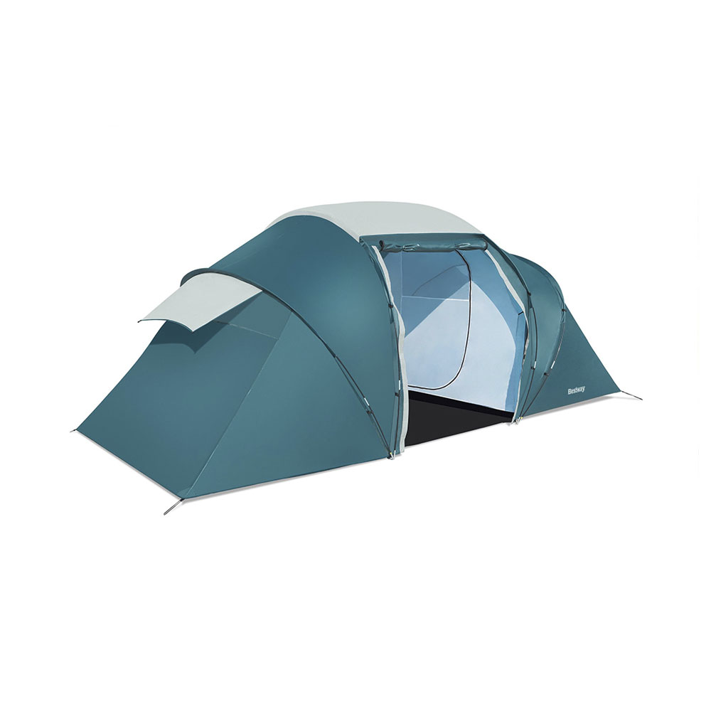 Une tente de camping bleue et gris clair avec une entrée ouverte sur fond blanc.